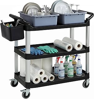 HOMCOM Professioneller Reinigungswagen mit 3 Etagen aus Metall und Kunststoff mit 2 abnehmbaren Behältern, Hängeeimer und 4 Rollen, für Hotel und Hotel, Kapazität 100 kg, 115 x 50 x 100 cm, Schwarz
