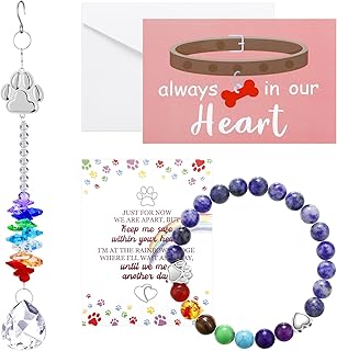 5 Pcs Rainbow Pet Memorial Gifts Set Includes Paw Print Crystal Sun Catcher, Dog Rainbow Bracelet, Pet Sympathy Card with Envelopes, Dog Memorial Card for Women Men Loss of Dog Pet Sympathy Gift