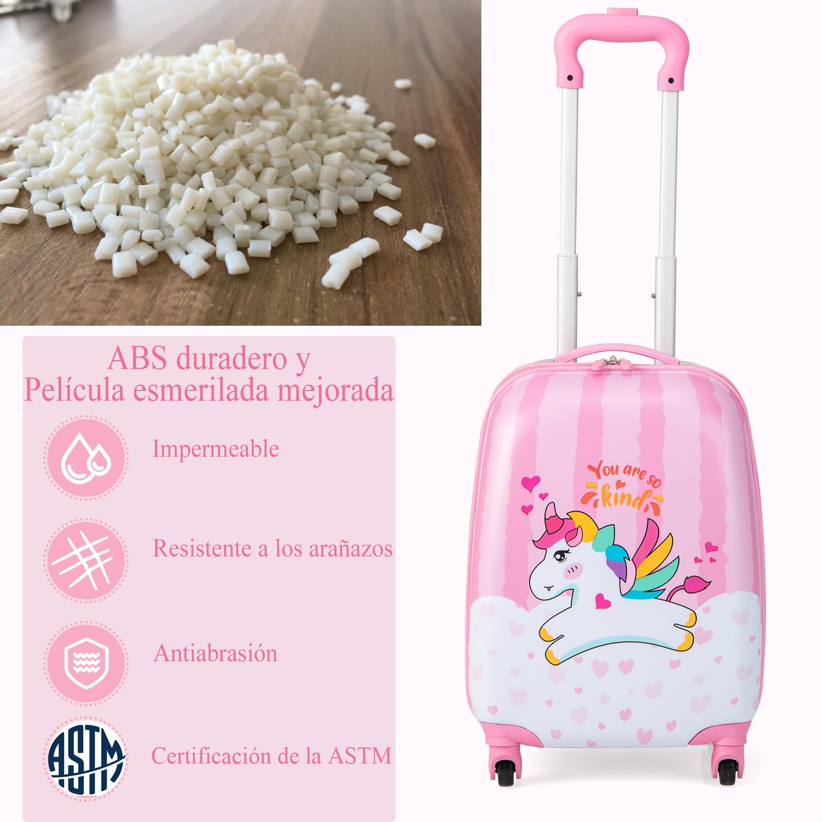 SOARS Set di Valigia 16’’ + Zaino 12’’ per Bambini 2 Pezzi, Bagagli 2-in-1 con Zainetto da Viaggio Aereo, Trolley con Maniglia Telescopica e 4 Ruote a 360° (Rosa Unicorno-A)
