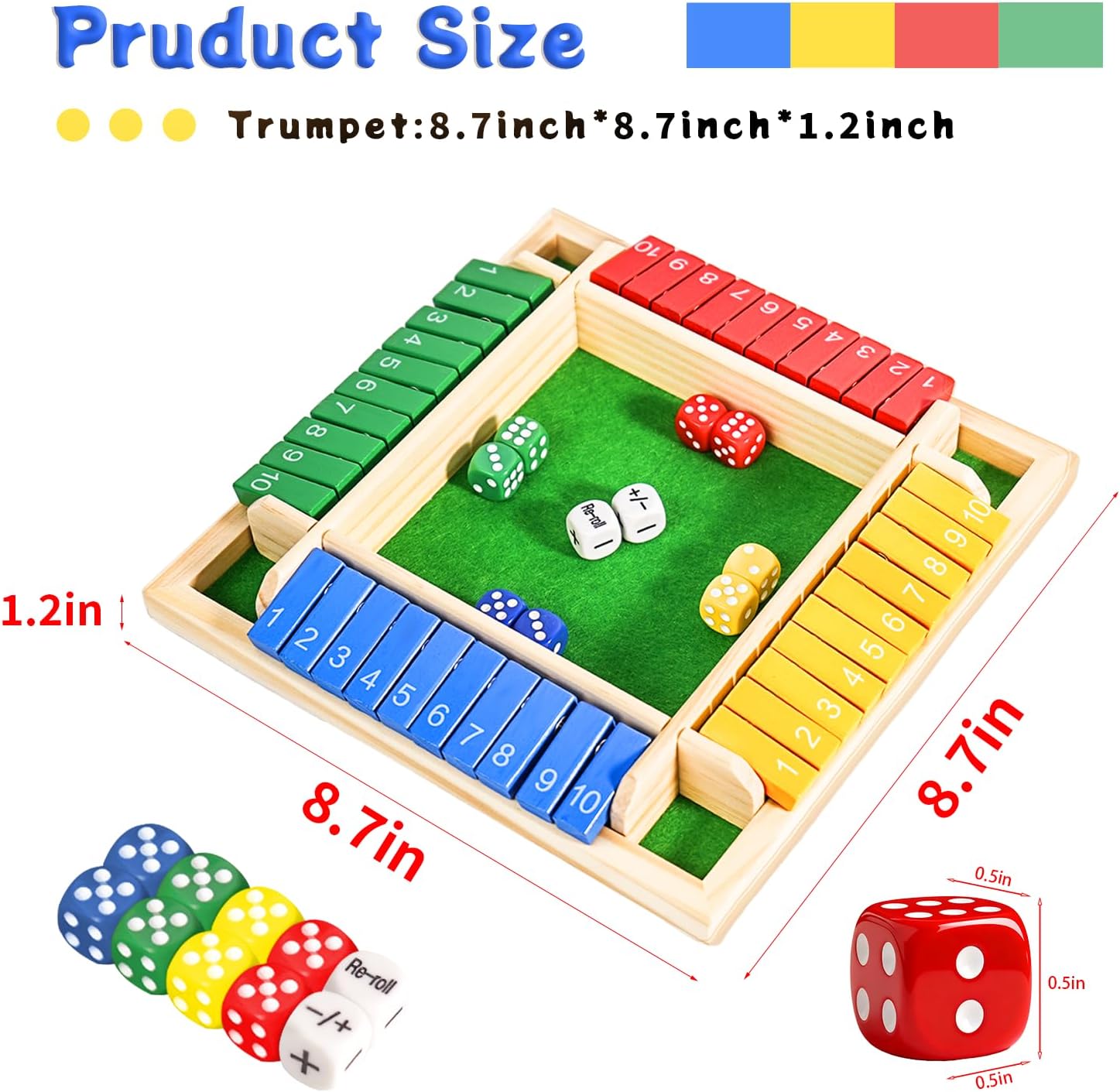 Shut The Box Dice Game for 2-4 Player Wooden Dice Game Math Games Close The Box Family Dice Board Games for Kids Adults, Tabletop Version Games for Classroom, Home, Easter Day, Party or Pub