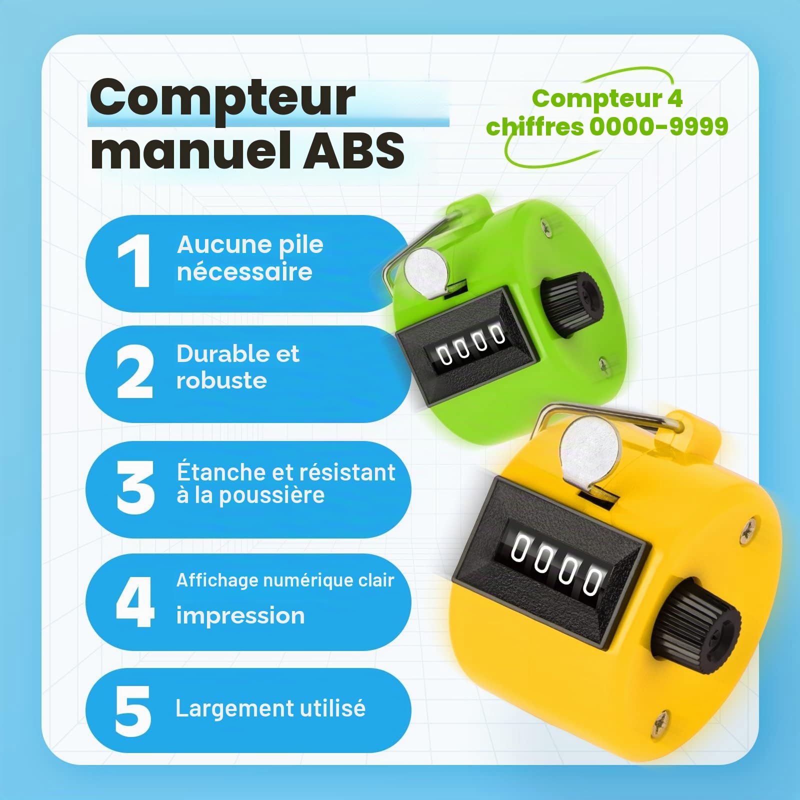 Compteur Manuel Couleur, Compteur à 4 Chiffres en Plastique ABS, Compteur à Cliquer pour Golf, Comptage, Tricot, etc.