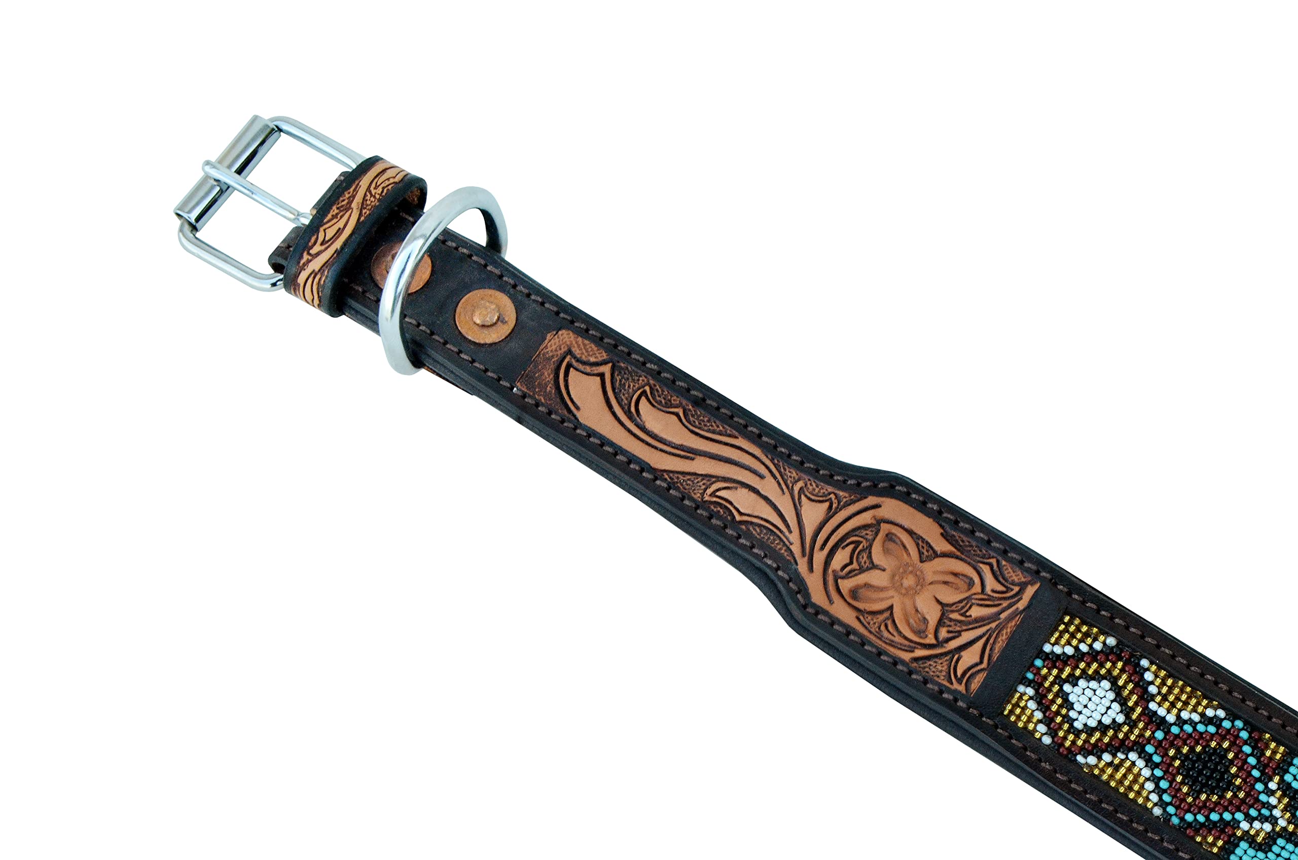 Affilare Collare per cani in vera pelle stile occidentale con perline, lavorato a mano e imbottito, 10AB018, turchese, oro, bianco, extra piccolo (tacca centrale a 28 cm)