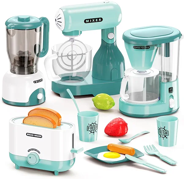 BRIGPICIOUS Kids Play Kitchen Accessories Toys Set, Pretend Play Kitchen Appliances Kit - Blender, Coffee Maker, Mixer, Toasters with Light & Sound, Playhouse Role Play Toy Gift for Girl Ages 3 4 5 6