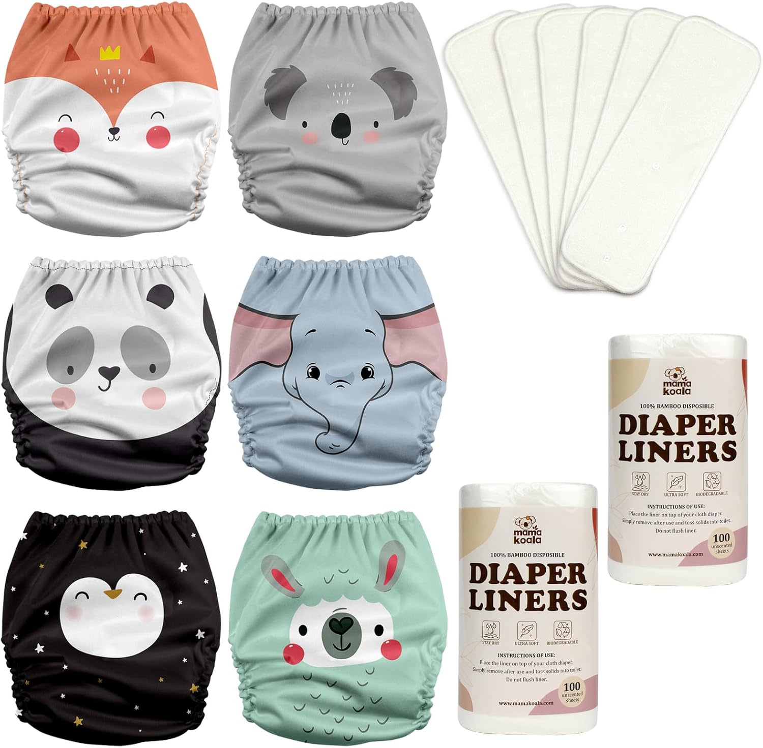 Mama Koala 3.0 Baby Cloth Diapers with 6 Inserts Bundle, with 2 Rolls Disposable Natural Liners