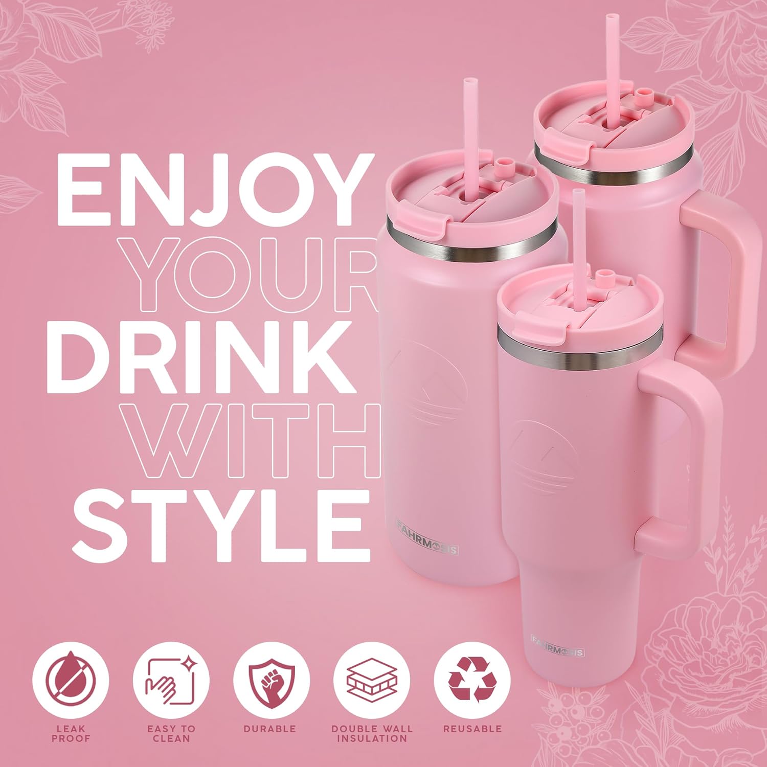 50 Oz Tumbler with Handle and Straw Large Insulated Tumbler Stainless Steel Travel Mug for Hot & Cold Drinks, Reusable Water Bottle with Lids and Straw - Pink - Image 4