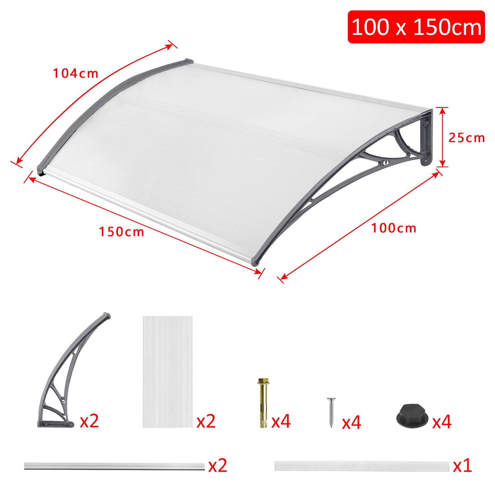 NAIZY 150 x 100cm Vordach für Haustür Pultbogenvordach Überdachung Haustür aus Polycarbonat und Aluminium Rahmen für Garage Balkon Fenster Haus - Grau