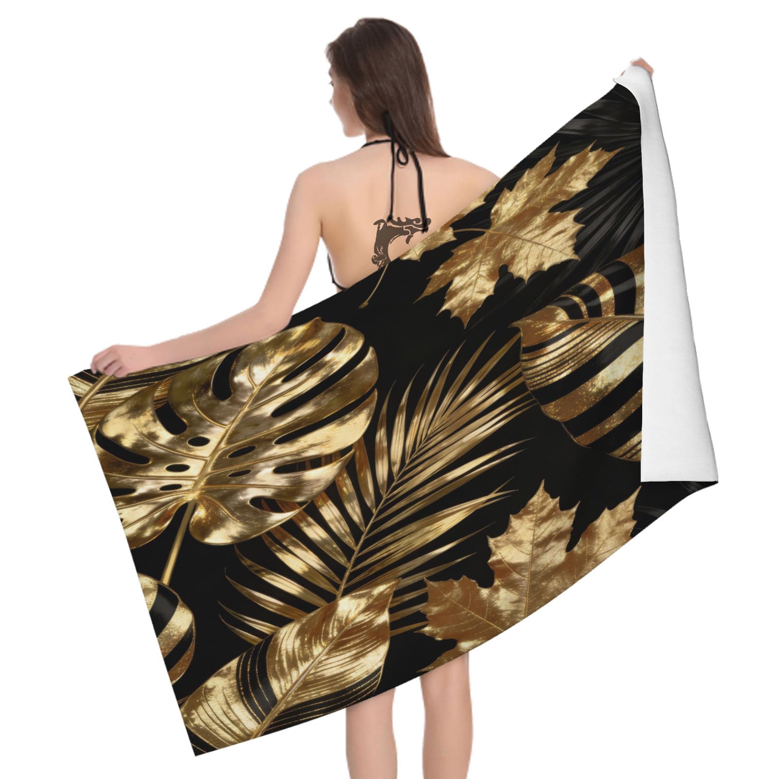 Leichong 3D Gold Palm Leaf Beach Towel Large Microfiber Soft Quick Dry for Adults, Palm Leaf Bath Towel Lightweight Soft Absorbent for Travel Swimming Pool Sports, 180 x 90 cm