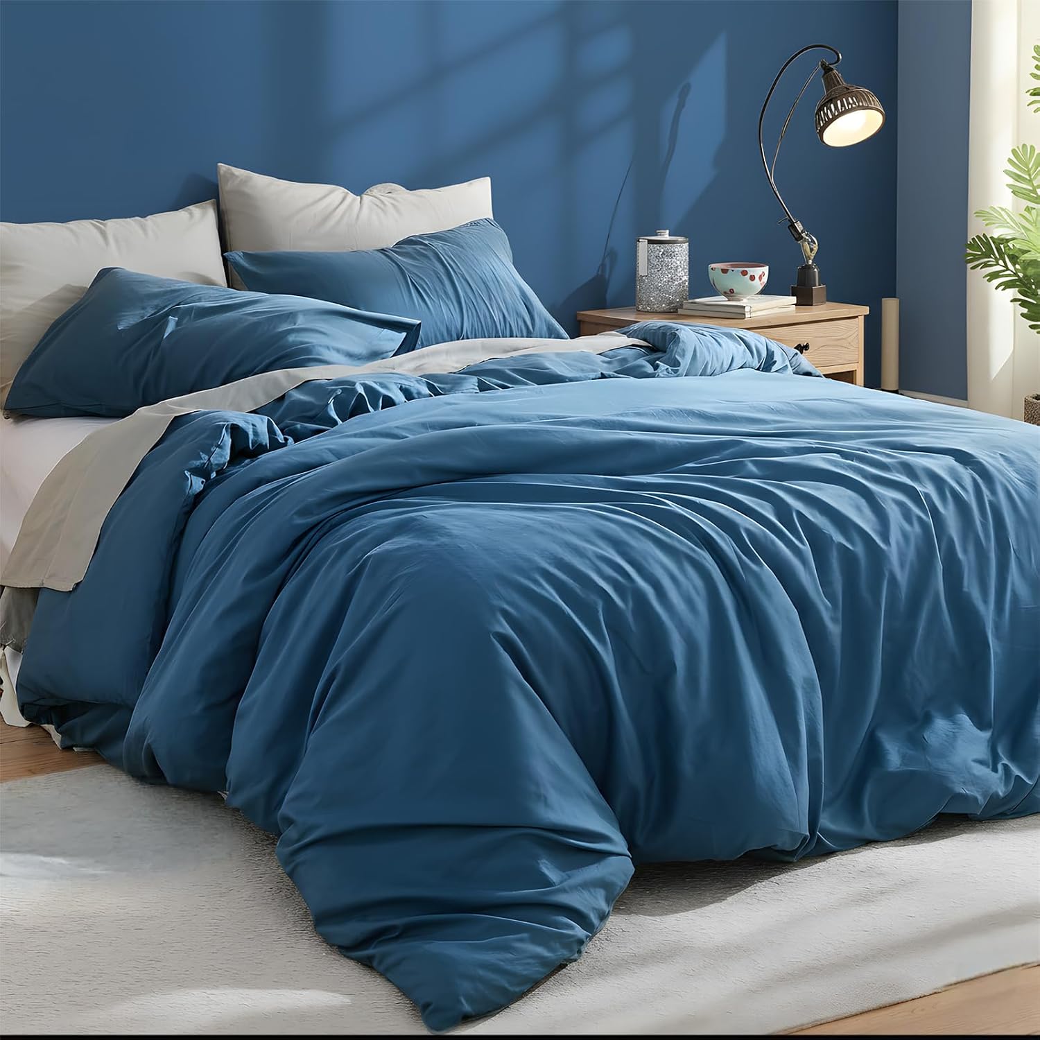 100% Cotton Comforter Set Queen Size –Dark Blue, Linen-Like Texture, Super Soft & Breathable Lightweight Bedding Set, 3-Piece Durable Percale Comforter for All Seasons