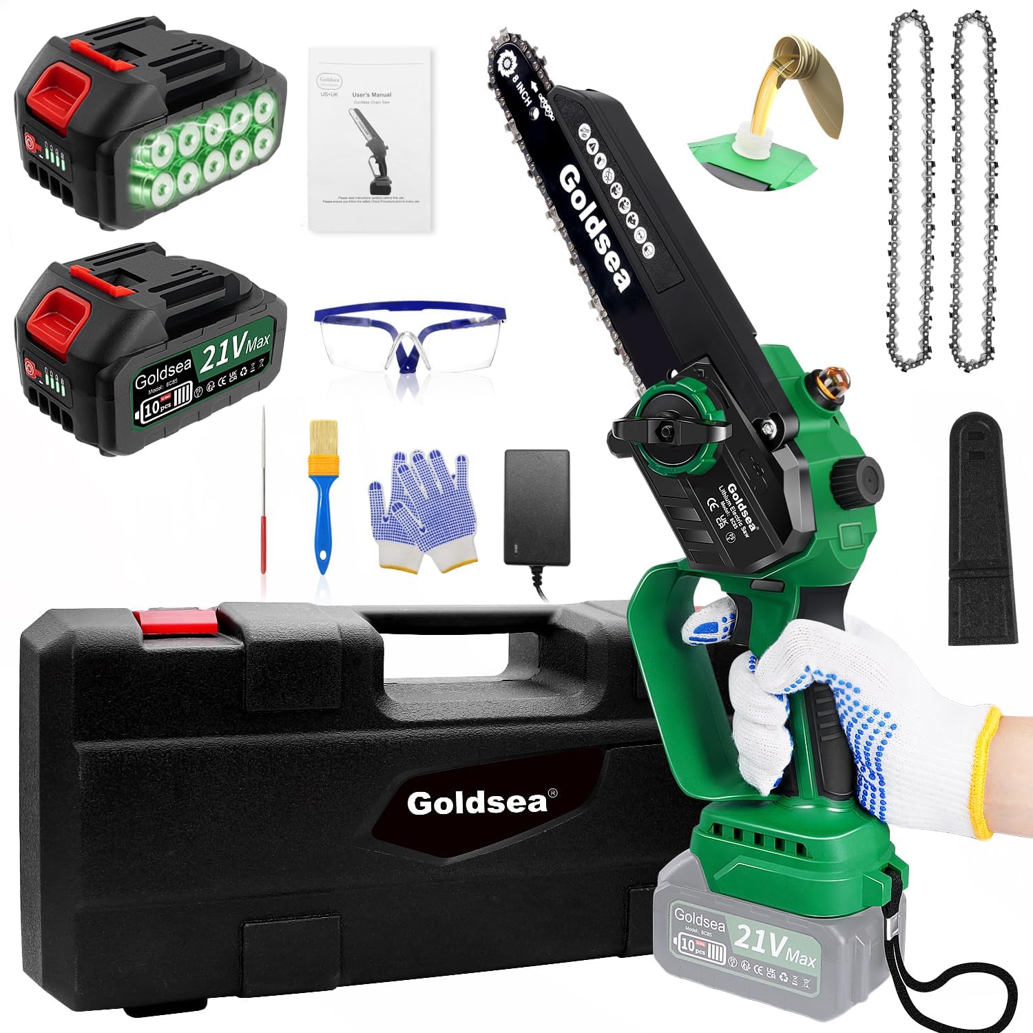 Photo 1 of Mini Chainsaw 8 Inch cordless hand-held electric chain saw with 2*21V 4000mAh Battery, Brushless Motor, Tool-free Tension, Automatic Chain Lubrication, Battery Level Display,Cordless Chainsaw