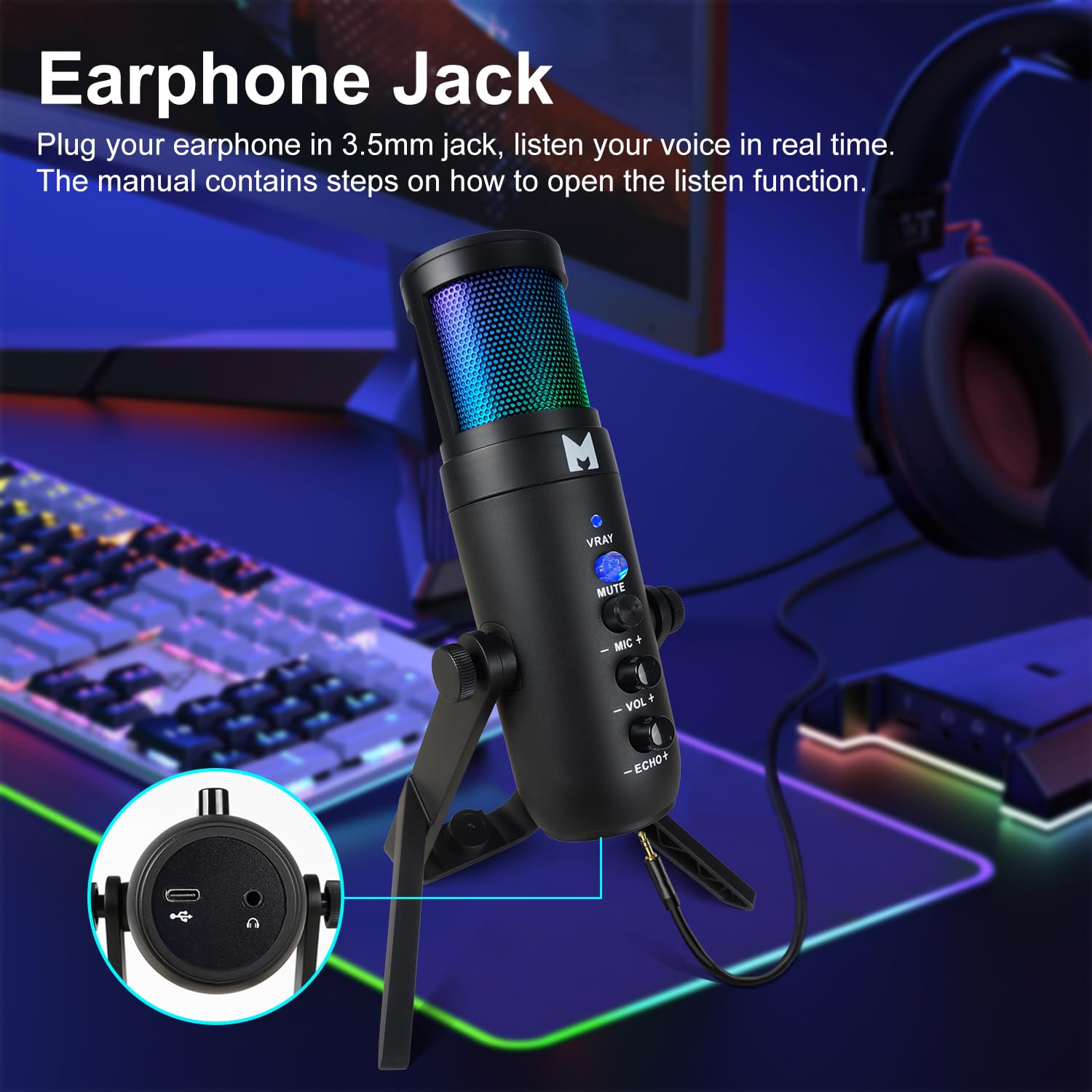 Mikrofon USB do komputera, mikrofon gamingowy do strumieniowego przesyłania podcastów, mikrofon kondensatorowy USB C ze sterowaniem RGB, kompatybilny z telefonami komórkowymi, komputerami,
