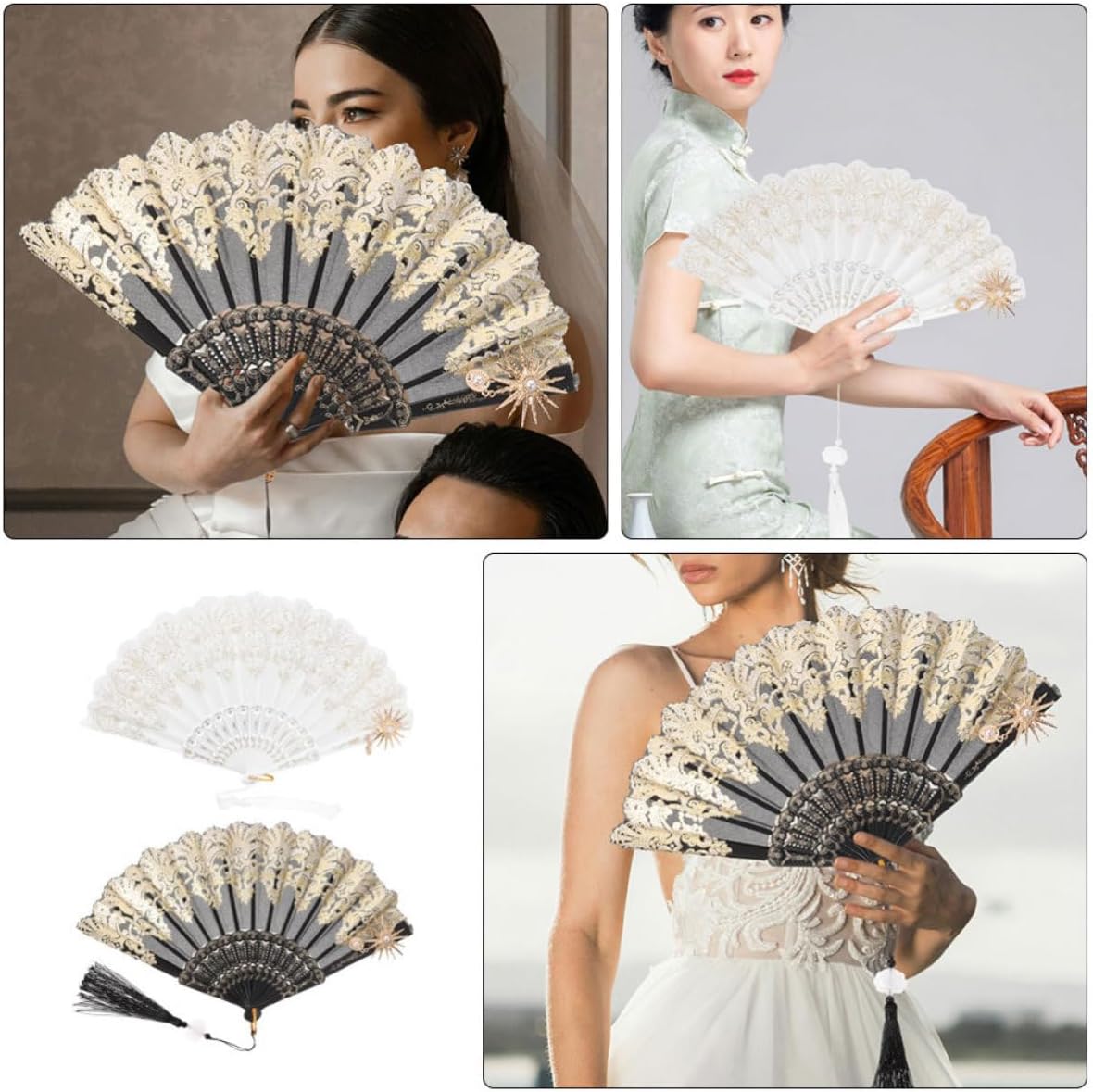 COLLBATH 2pcs Vintage Lace Folding Hand Fans for Wedding and Dancing, Plastic and Cloth Material, Convenient to Use Multi-use Decorative Fans with Beautiful Appearance