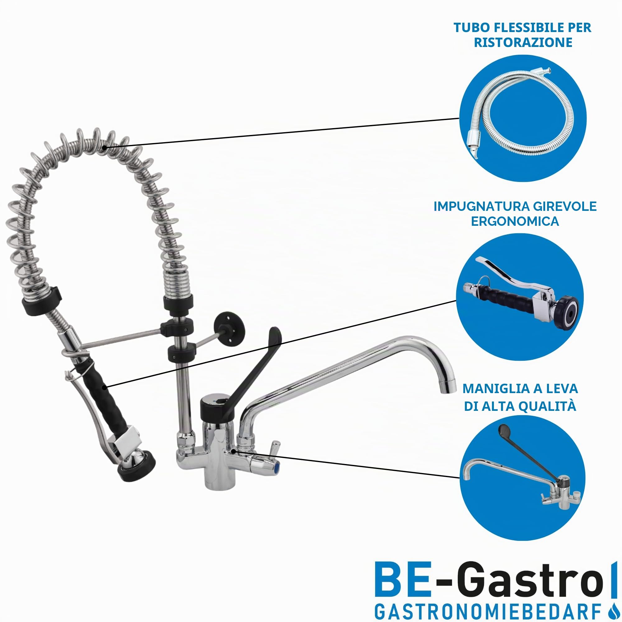 BE-GASTRO | Rubinetto Gruppo doccia con miscelatore monoforo, con leva clinica nera e rubinetto di servizio incorporato, Rubinetteria professionale set di prelavaggio stoviglie per cucine