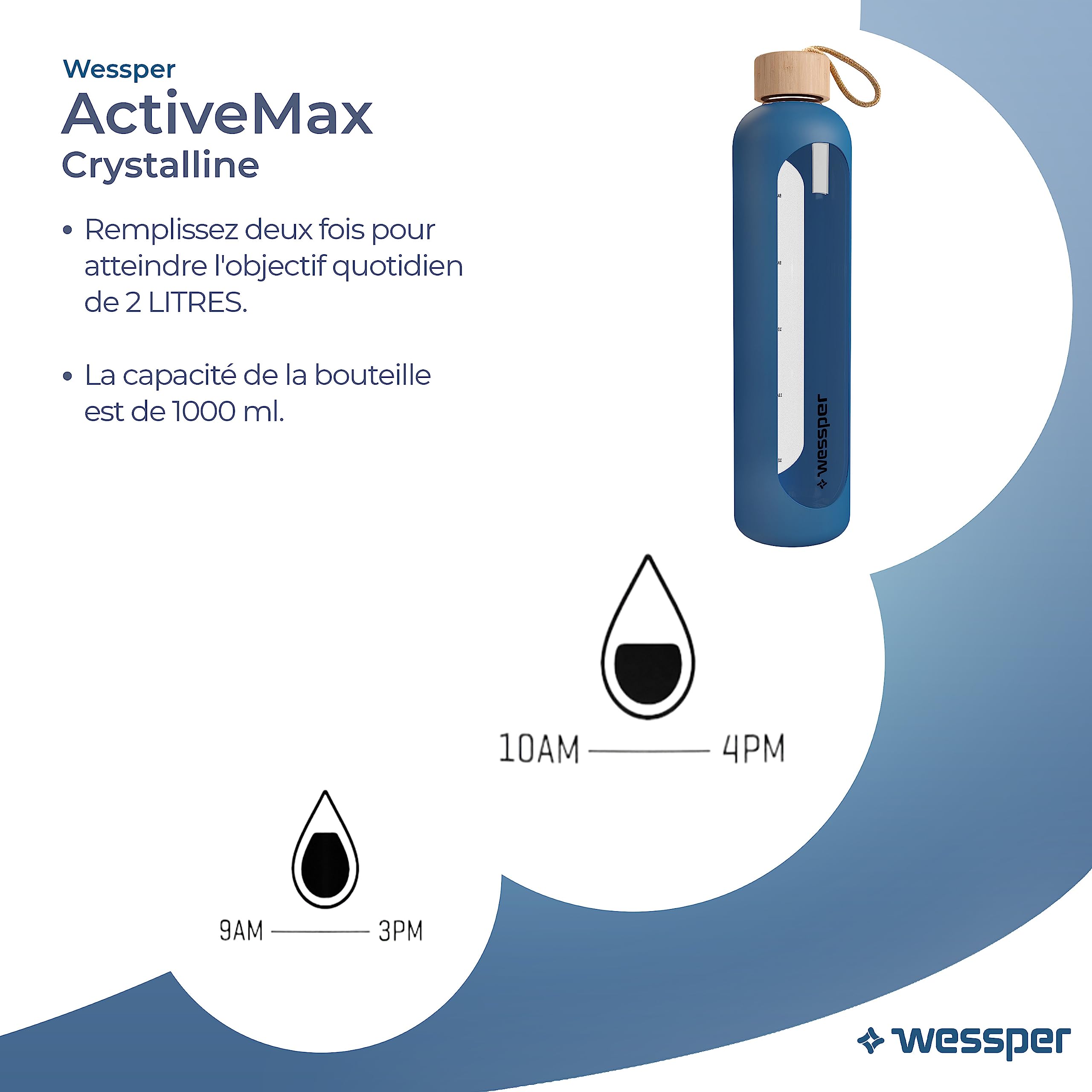 Wessper Active Max Crystalline Bidon, Szkło, Niebieski, 1 l