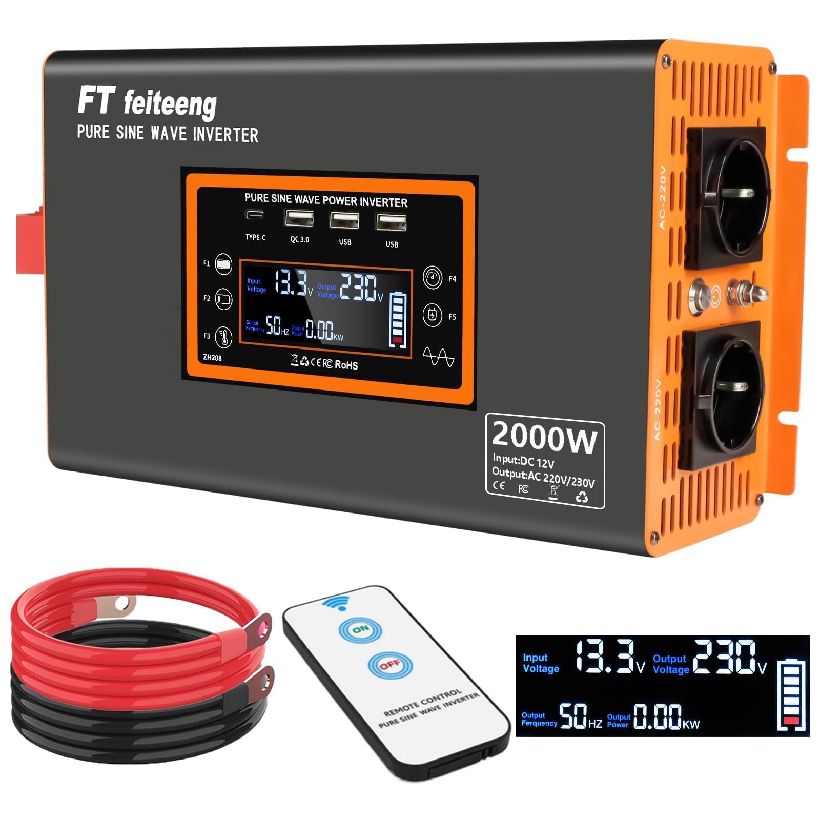2000W/4000W Wechselrichter 12V auf 230V Reiner Sinus, EU Steckdosen, 30W USB-C, LCD-Fernbedienung, Spannungswandler für Wohnwagen LKW Solar