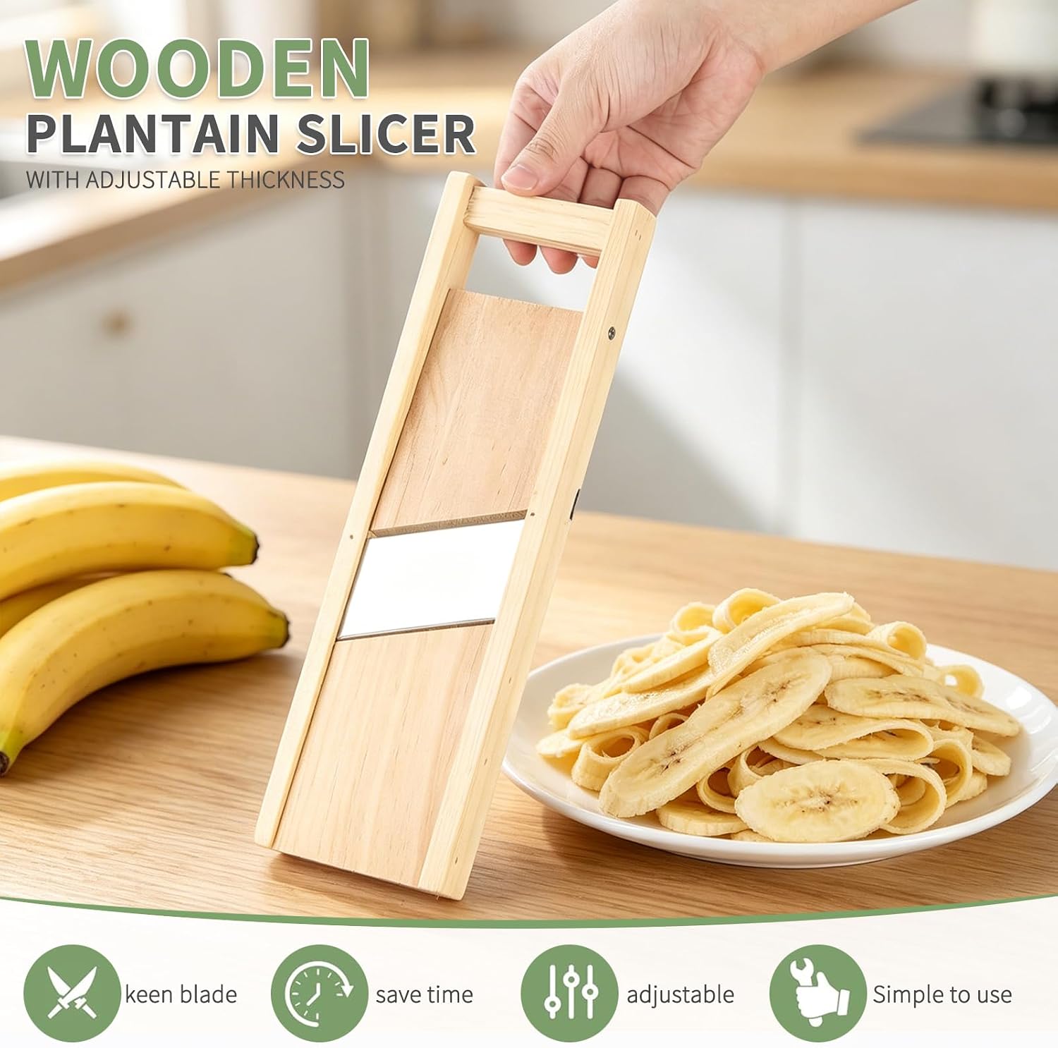 Wooden Plantain Slicer, Plantain Chip Slicer with Adjustable Thickness