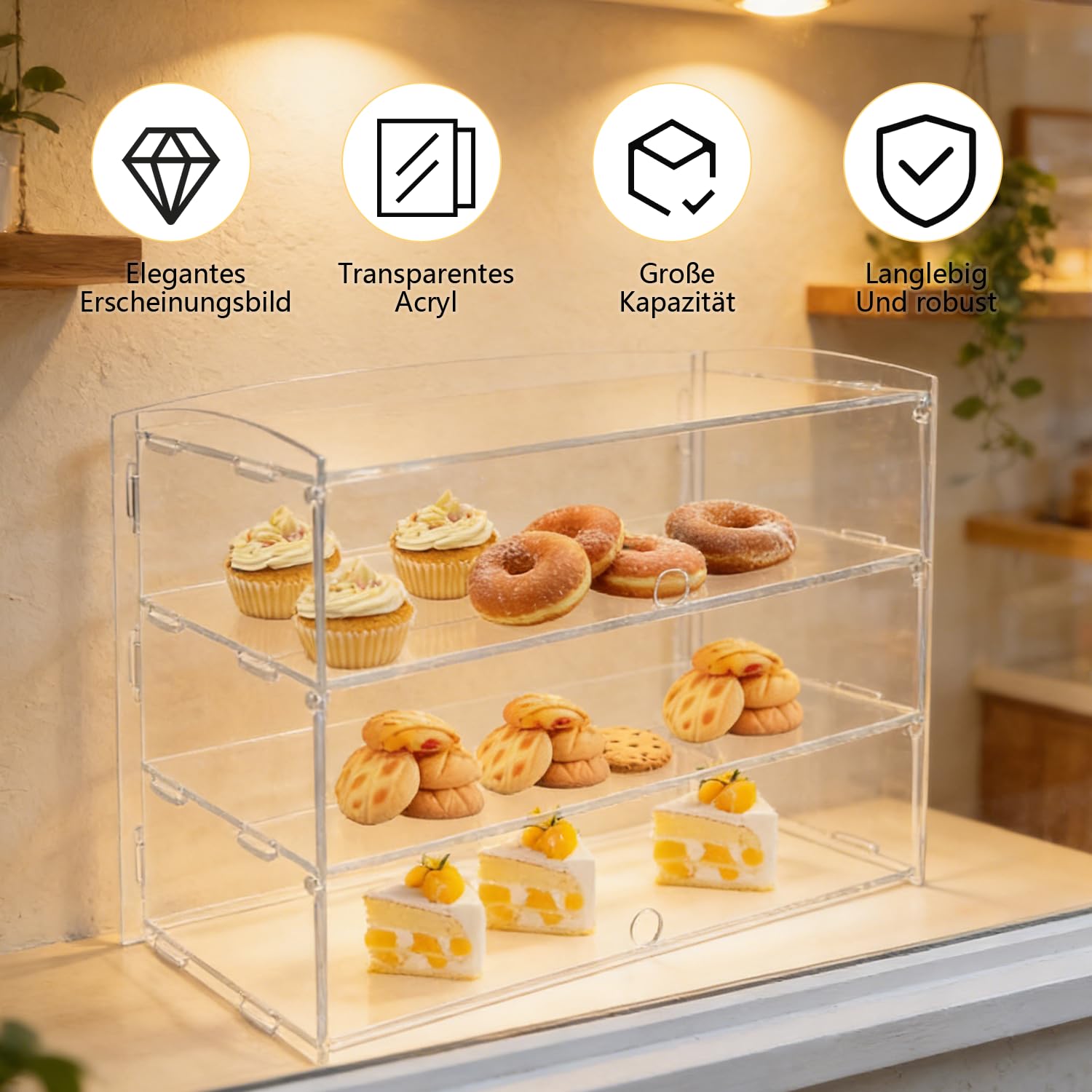 Acryl Vitrine für Gebäck, 3-stöckige Transparent Brotkasten Kommerzielle Bäckerei Vitrine 19,09" x 18.5" x 8.86", Konditorei Vitrine für Cupcakes Kekse Brot Minikuchen Donut
