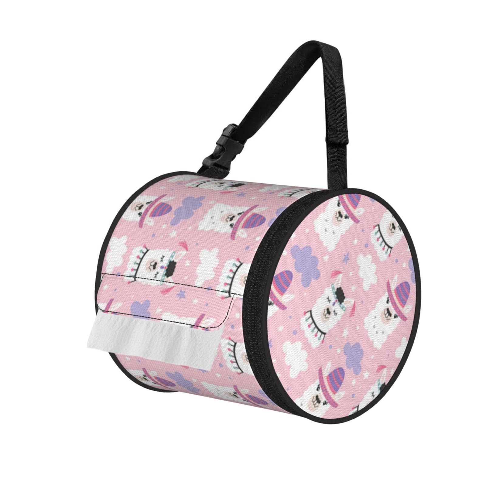 Cartoon Llama Alpaca Printed Toilet Paper Holder Bag, Adjustable Strap Roll Paper Organizer for Car Kitchen Outdoor