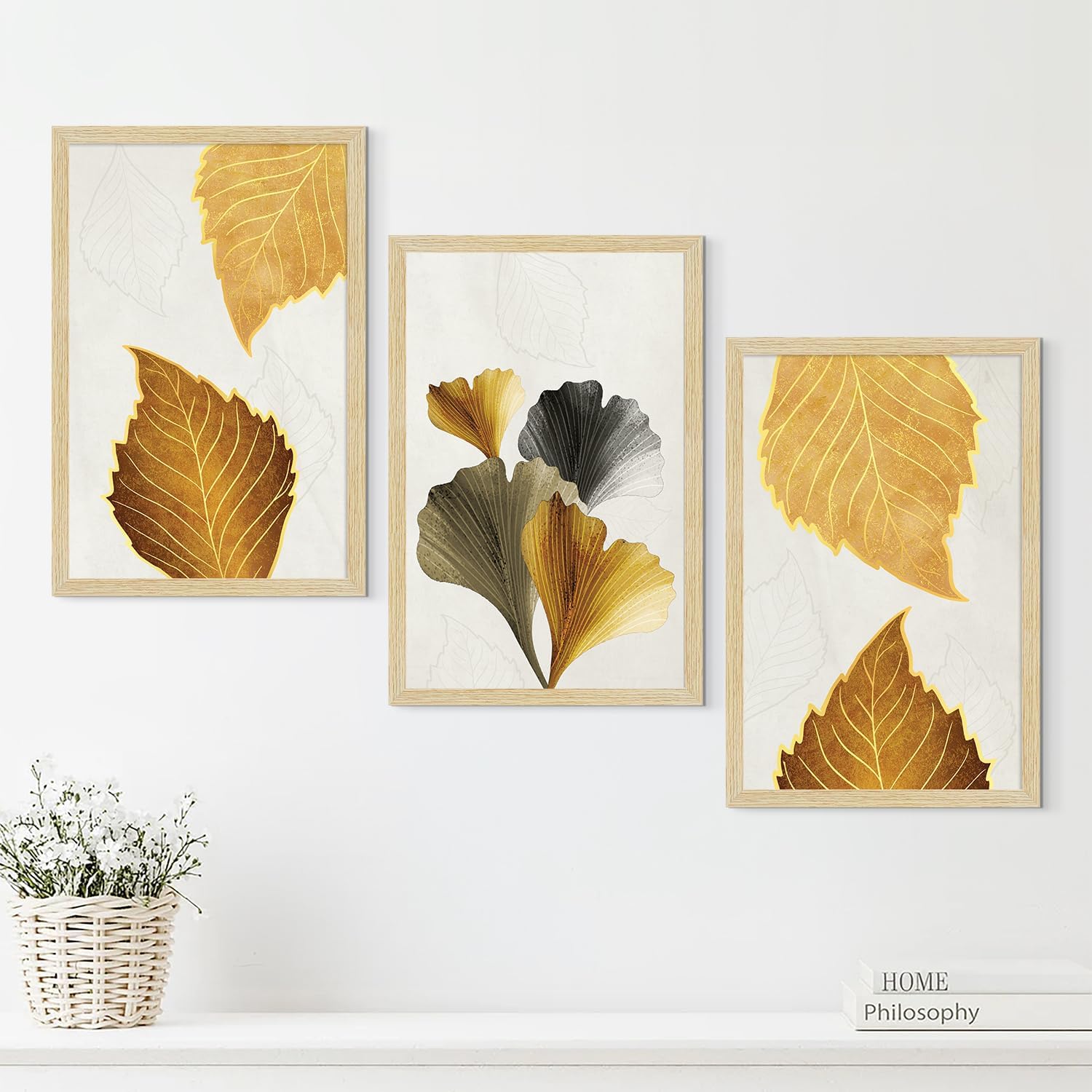 ArtX Paper Modern Art Wall Painting For Living Room,Drawing Room Decoration Big Size, Leaves Framed Painting for Wall Decoration, Mordern Wall Decor For Bedroom,Multicolor, 36.0 x 18.0 inches,Set Of 3