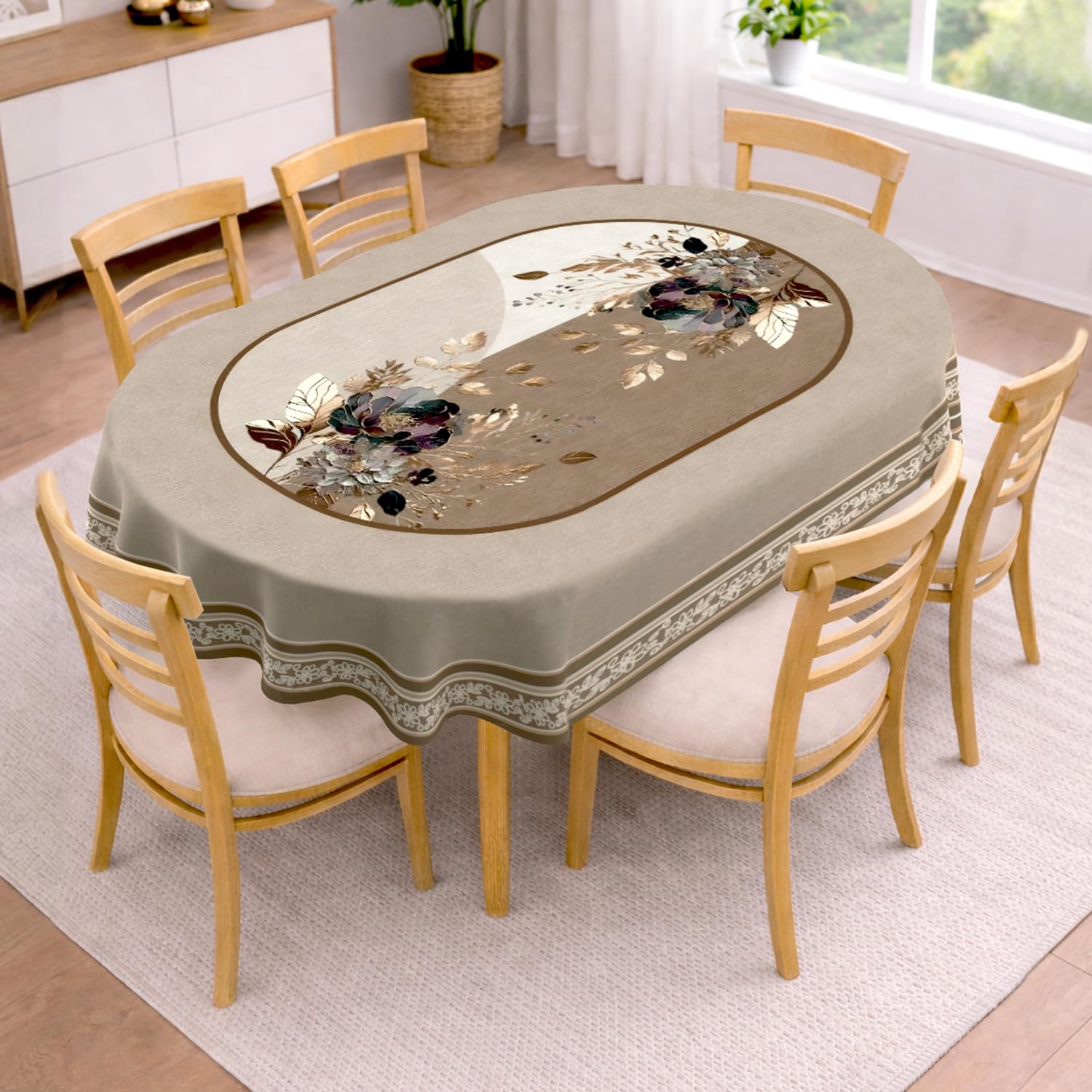 Cloth Fusion Velvet Floral Oval Shape 6 Seater Dining Table Cover Cloth with Stunning Gold Foil Design for Home Decor (60x90 Inch, Taupe)-image-33