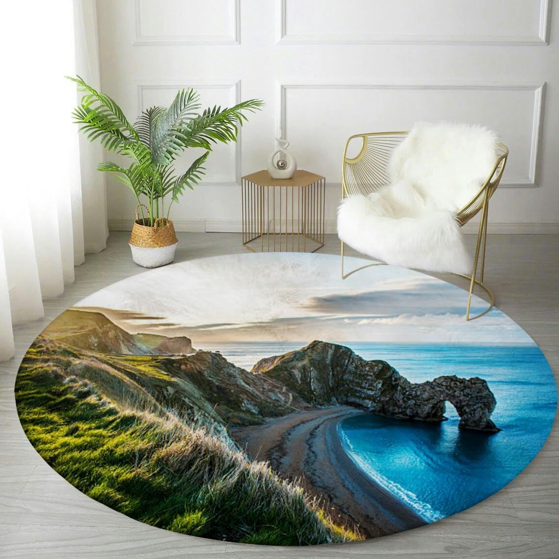 Round Rug 4ft Circle Area Rug Durdle Door Dorset Beach Carpet Washable