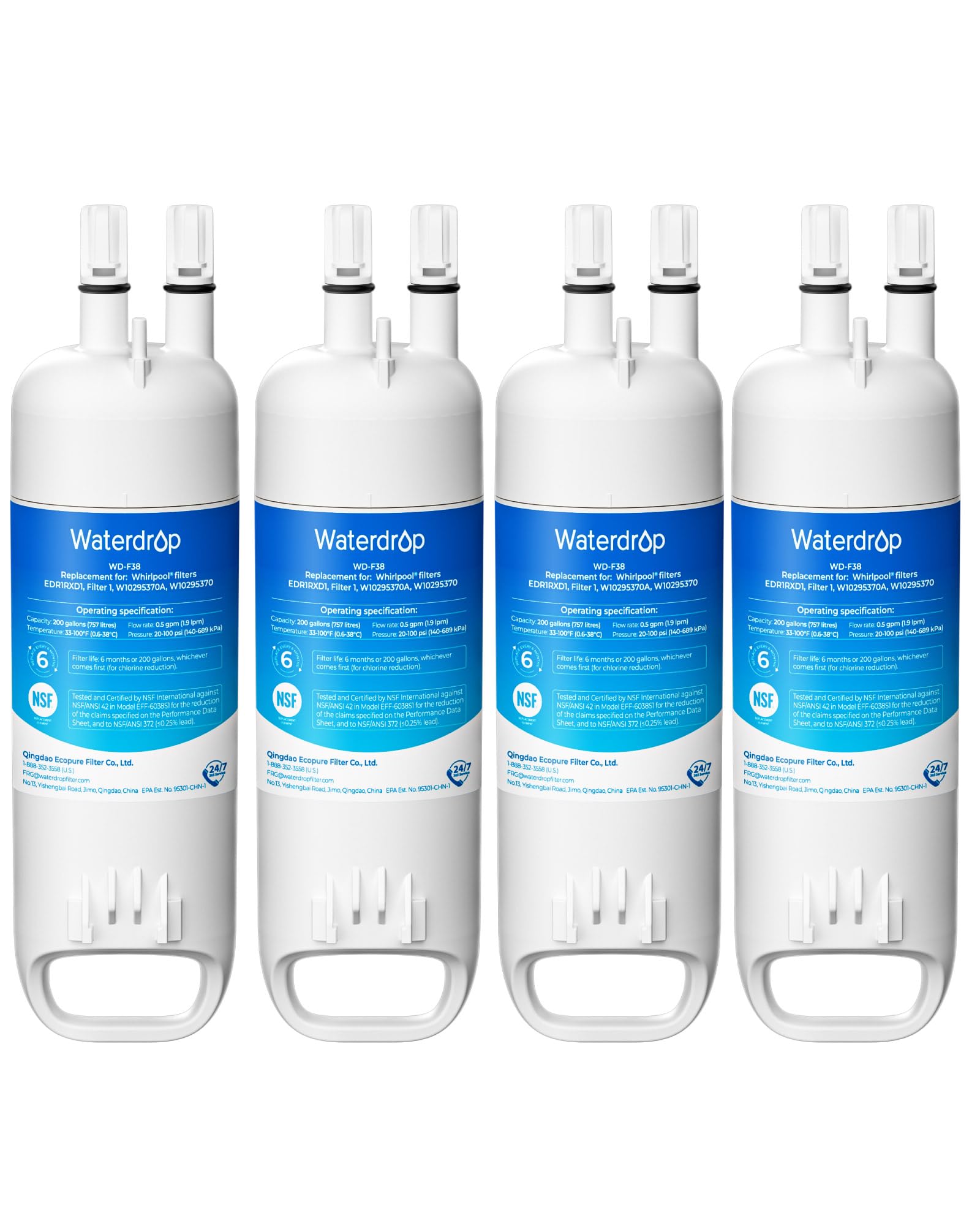 Waterdrop EDR1RXD1 Replacement for Filter 1 W10295370A EDR1RXD1B P8RFWB2L P4RFWB WD-F38 46-9081 46-9930 Refrigerator Water Filter 4 Pack