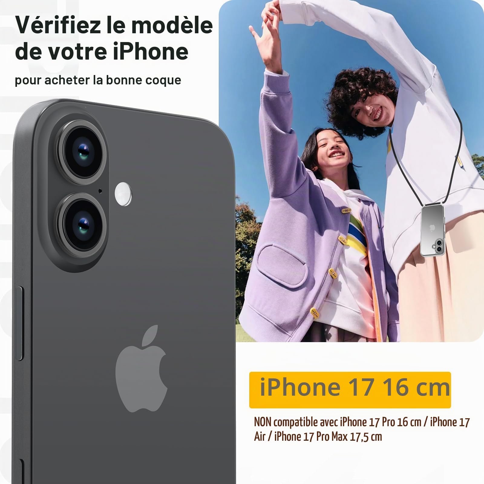 GOODVISH Coque pour iPhone 17 avec Cordon de Collier, Transparente Coque Bumper Etui Housse avec Cordon Réglable Téléphone Lanyard iPhone 17 Case Antichute Collier Phone Cover 6,3" TPU, Noir