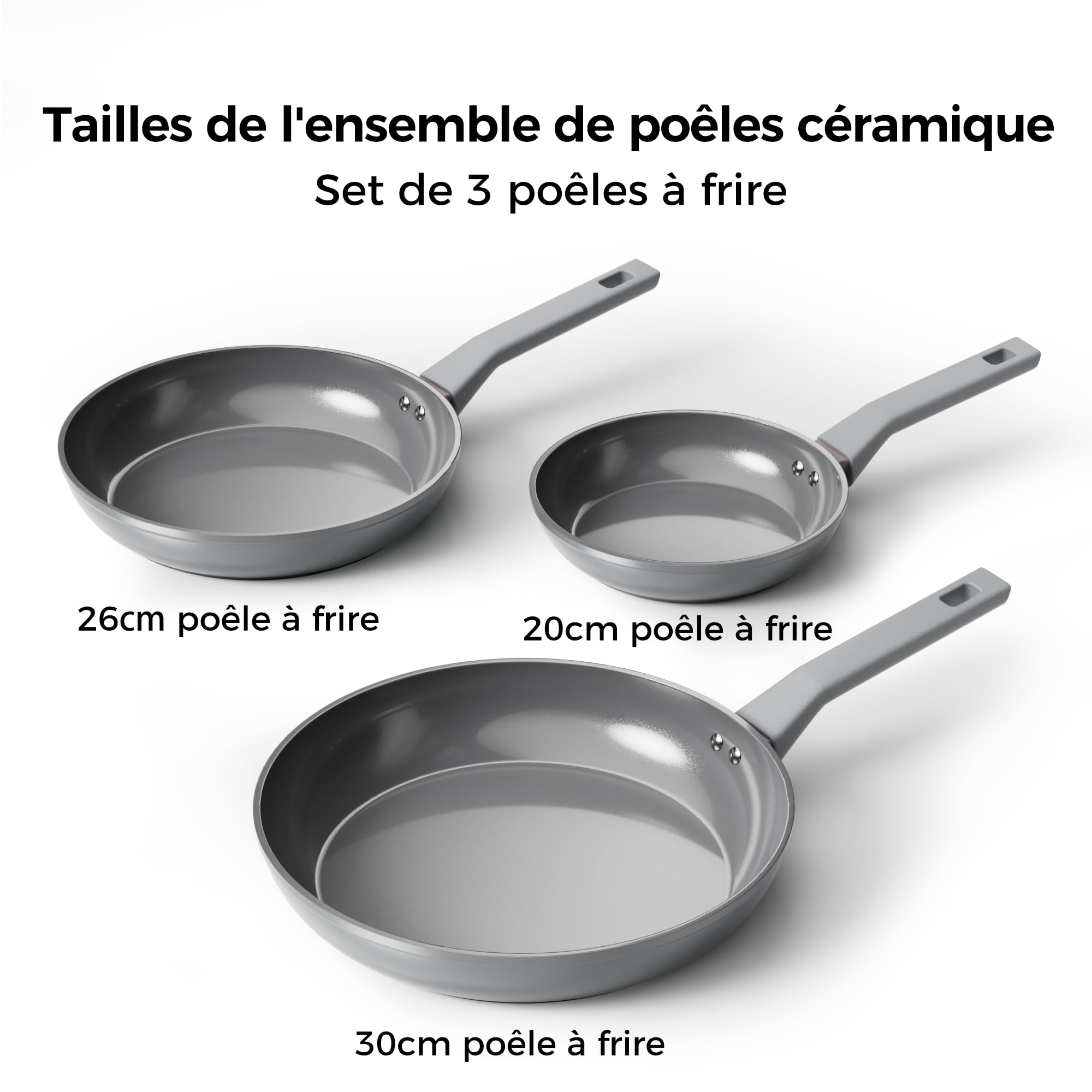 Sanho Set 3 poêles céramique 20/26/30cm | Revêtement diamant+titane antiadhésif | 100% sans PFAS/PFOA/PTFE | Toutes cuisinières | Manche bakélite anti-chaud, lave-vaisselle | Gris