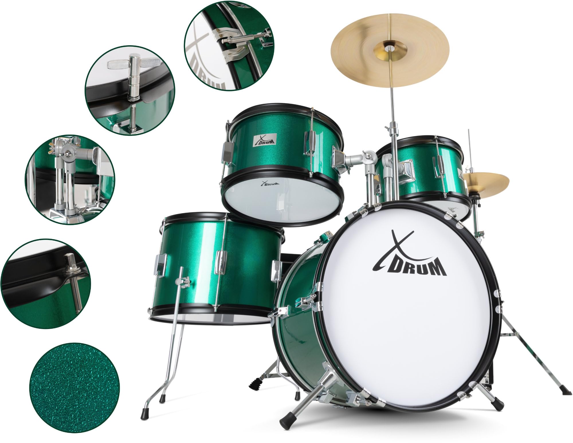 XDrum Junior Pro Kinder Schlagzeug Emerald Green Sparkle - geeignet von 5-9 Jahren - Drumset mit komplettem Zubehör - inkl. Schule - Grün