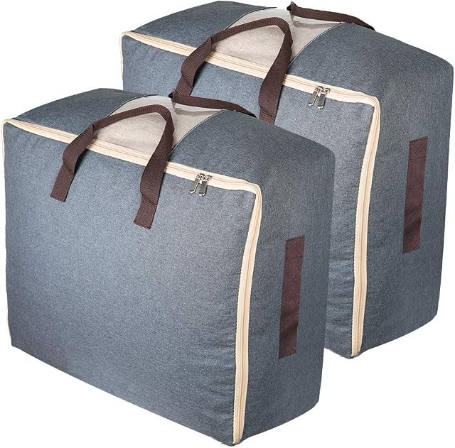 Qozary Storage Bags with Zips, 53L Duvet Storage Bag, Large Underbed Storage Bags for Clothes, Bedding, Quilt, Blankets, Moving, Made of Better and No-Smell Fabric, Laundry Bags, (Pack of 2/Grey)