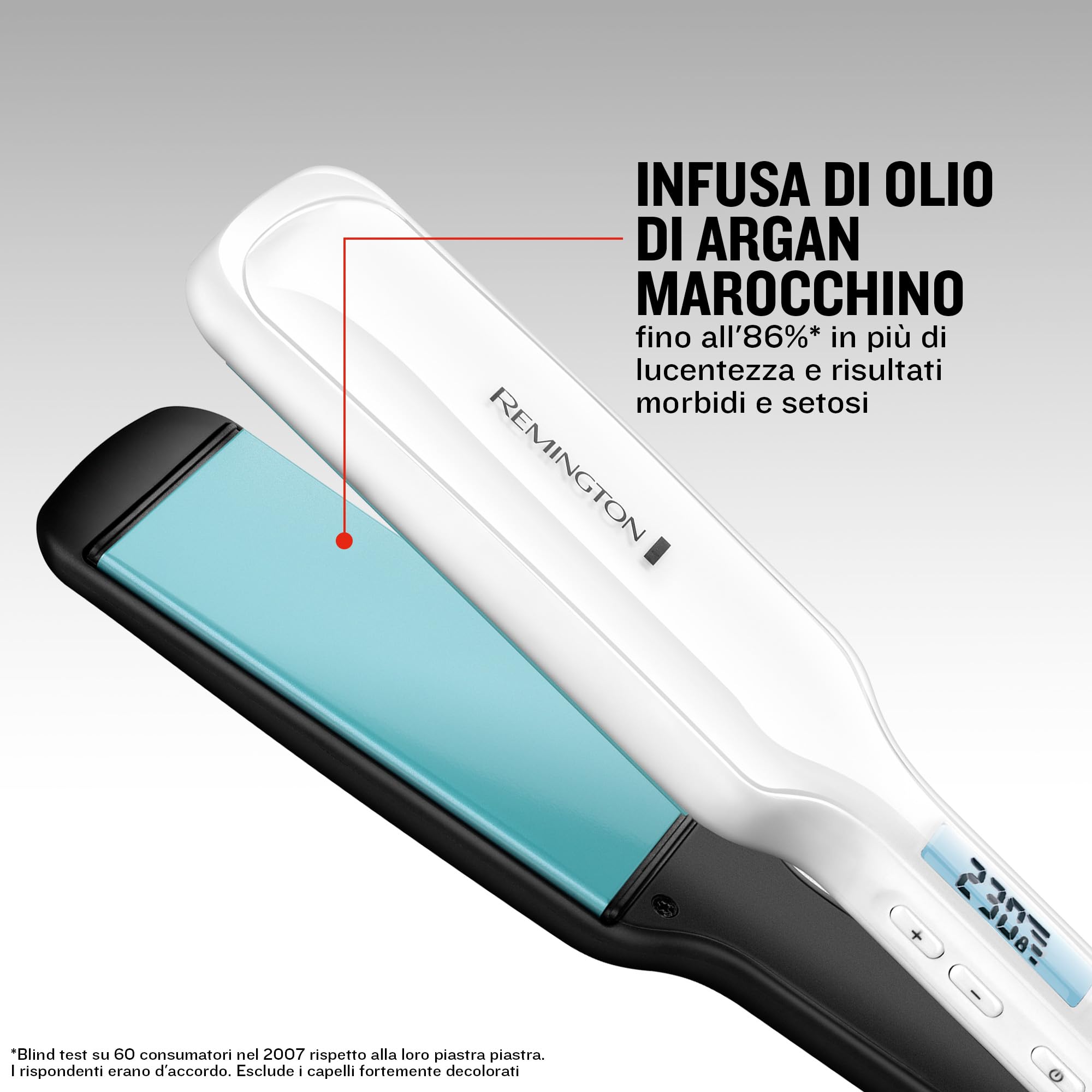 Remington Piastra per Capelli Larga - Shine Therapy: Rivestimento Ceramico con ingredienti microattivi per maggiore brillantezza - Olio di argan marocchino e vitamina E, Display LCD, 150-230°C, S8550