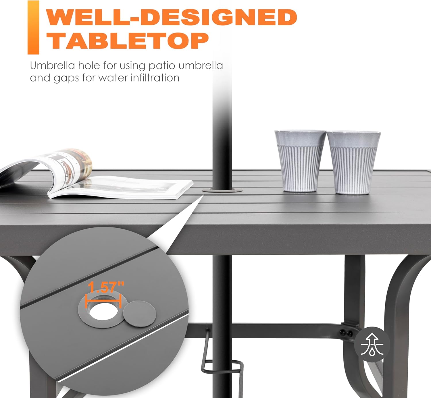 NUU GARDEN 37" Outdoor Patio Table, 4 Person Steel Slat Square Dining Table with 1.57" Umbrella Hole, Slatted Top and Powder Coated Iron Frame for Patio, Garden and Balcony, Gray