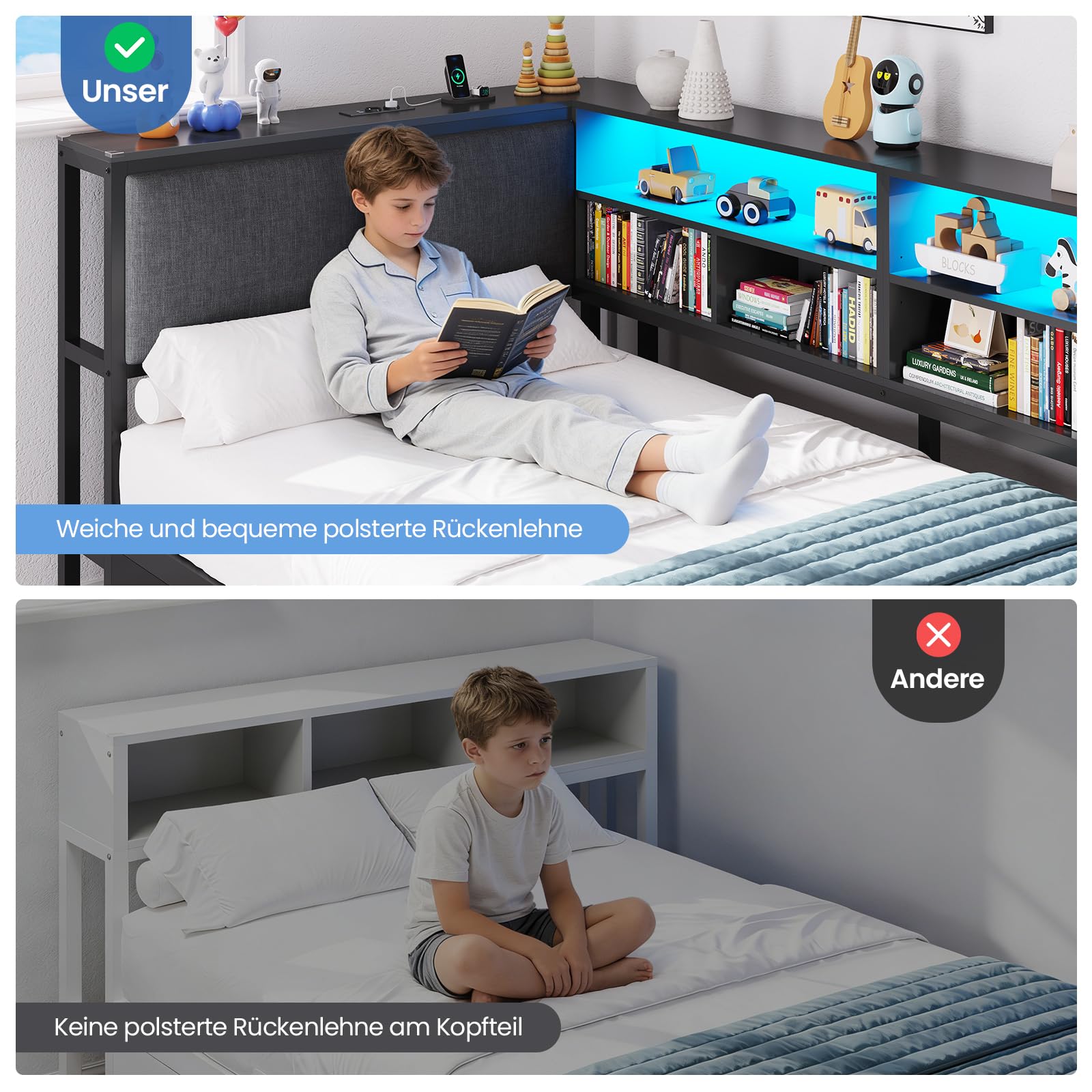Brinlawb Schlafsofa mit LED-Beleuchtung und Ladestation, Jugendbett 90x200 cm mit einem 35x112cm Tisch und zwei großen Schubladen, Bett 90x200 Tagesbett mit polsterter Rückenlehne am Kopfteil, Schwarz