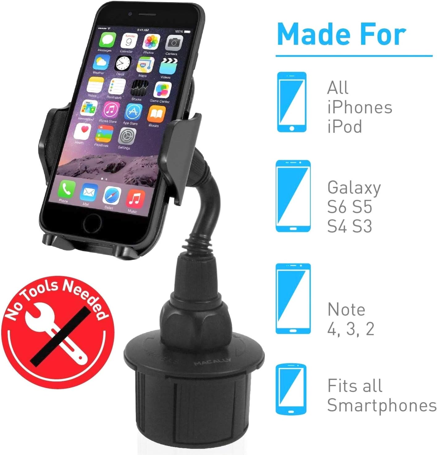 Macally Car Cup Holder Phone Mount [Upgraded], Adjustable Gooseneck Cell Phone Holder Car Mount - Easy Cup Phone Holder Clamp in Vehicle - Cupholder Compatible with All iPhone Android Smartphone