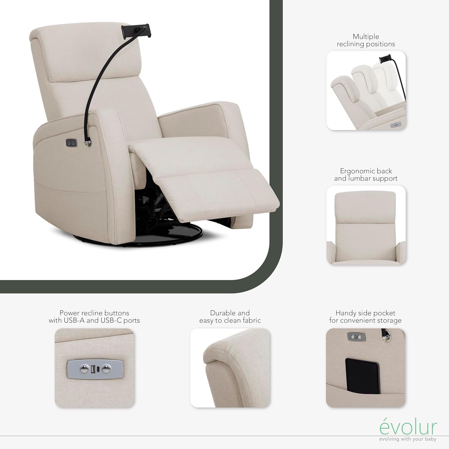 évolur Maverick Upholstered Power Glider Recliner with Device Holder – Swivel, Rocking & Smooth Power Recline – Greenguard Gold & FSC Certified, Modern Nursery and Living Room Chair in Light Sand