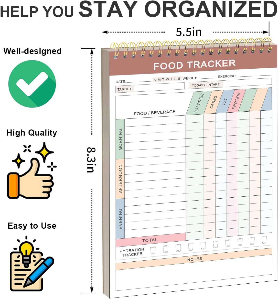 Food Tracker Calorie Counter Book & Macro Notebook, 5.5x8.3, 2 Pack | 50 Sheets, 100g Thick Paper, Hydration Log, Weight Loss & Fitness, Daily Macro Tracking, Spiral Bound Food Diary Journal