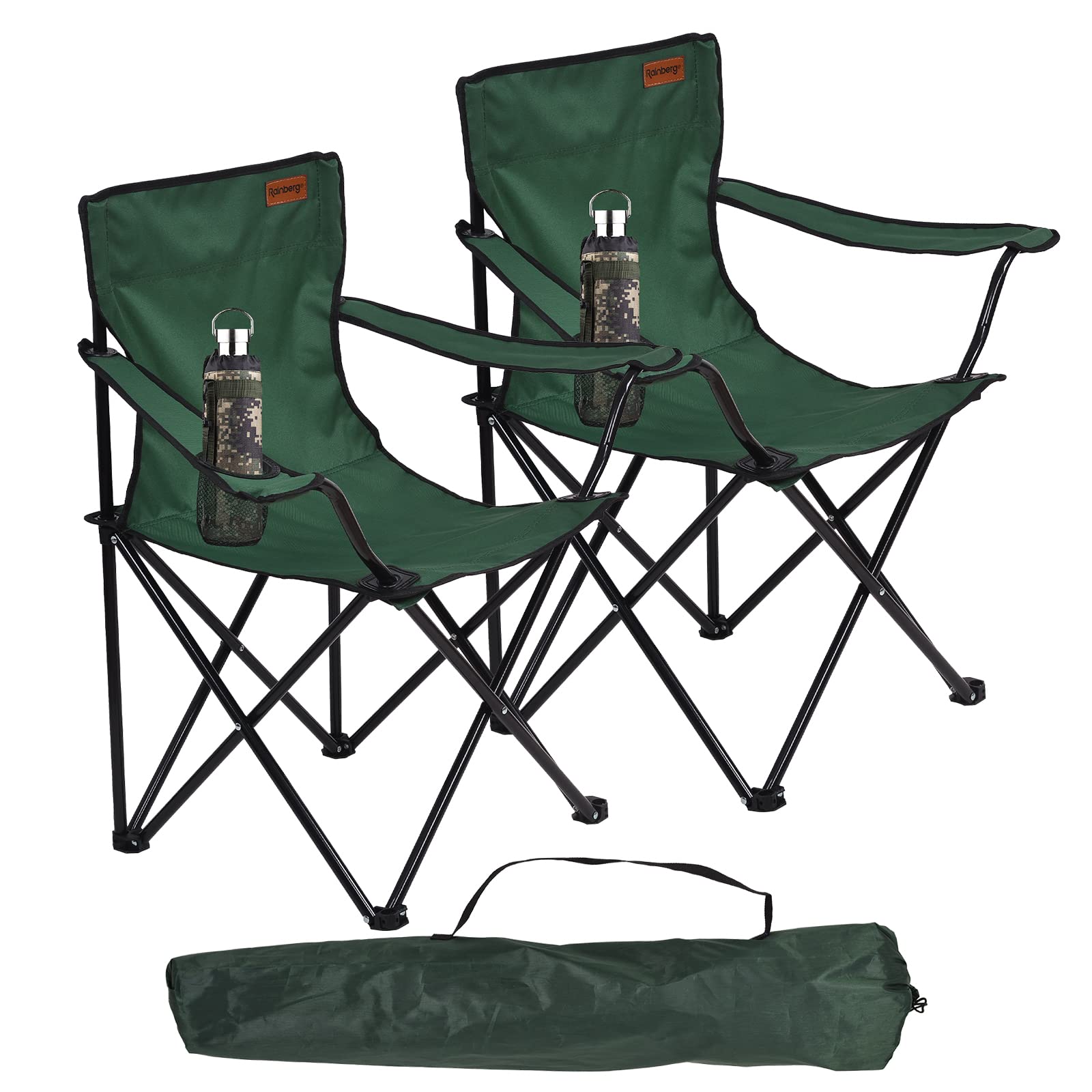 Rainberg Folding Camping Chairs, Comfortable Heavy Duty Structure, Extra Wide Garden Chair with Hard Armrest, Foldable Fishing Chair Outdoor Fold up, Cup Holder with Carry Bag. (Pack of 2, Green)