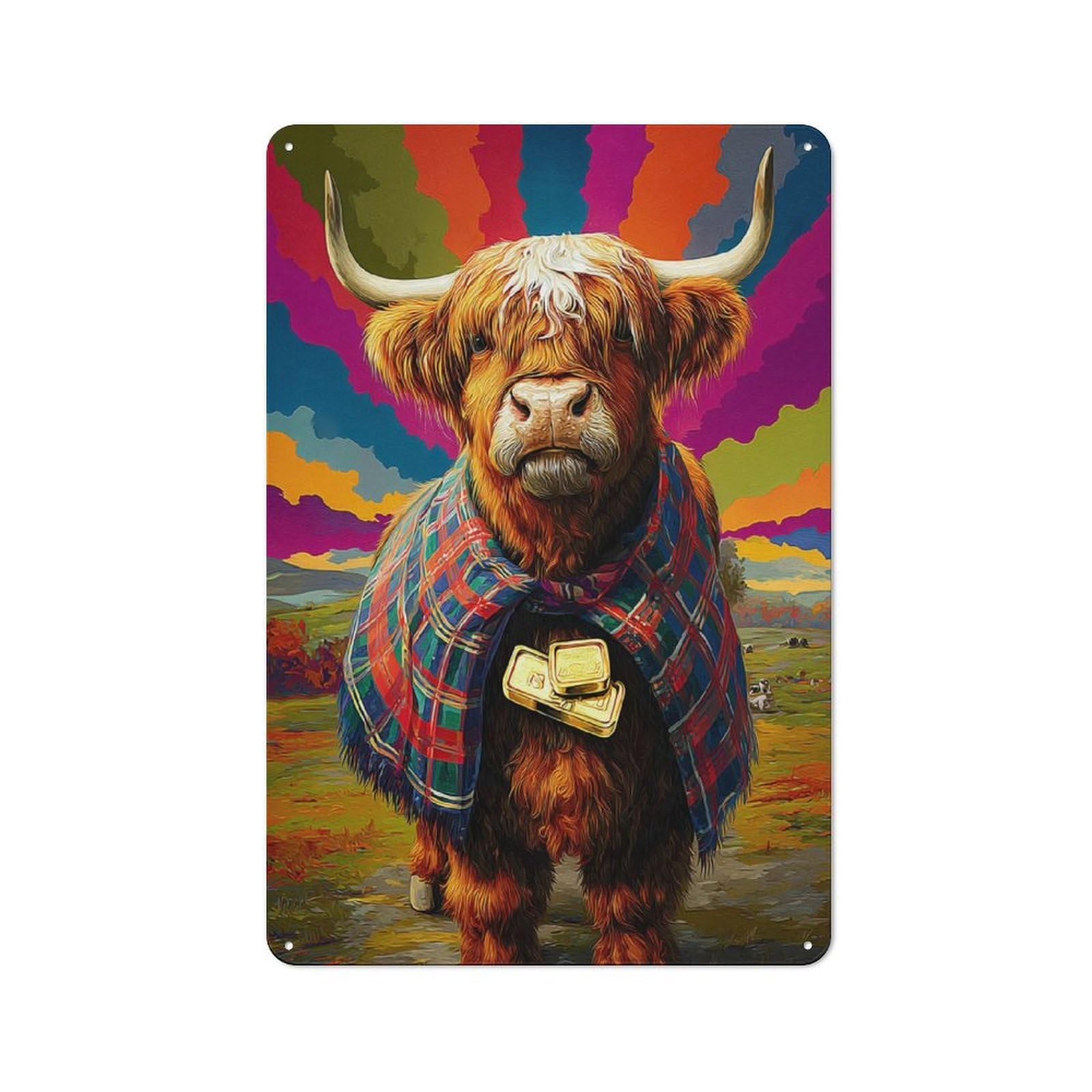Junmoney Scottish Highland Cow With Gold Bars Tin Wall Plaque With Design 30X20cm, Farmhouse Rustic Kitchen Decor For Dining Room, Cafe, Entryway Or Family Room