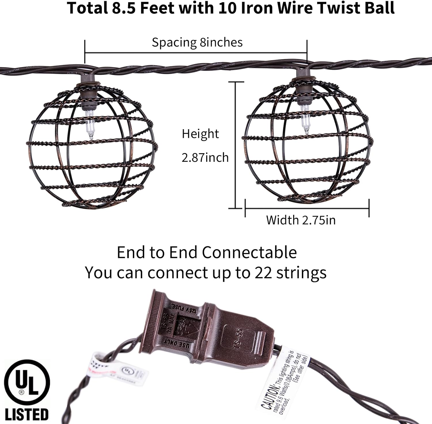 Decorative String Lights Indoor Outdoor, Patio Lantern Style String Lights with 10 Warm White Mini Bulbs, UL Listed Connectable Weatherproof Plug In Lights for Home Decoration(Iron Wire Twist Ball)