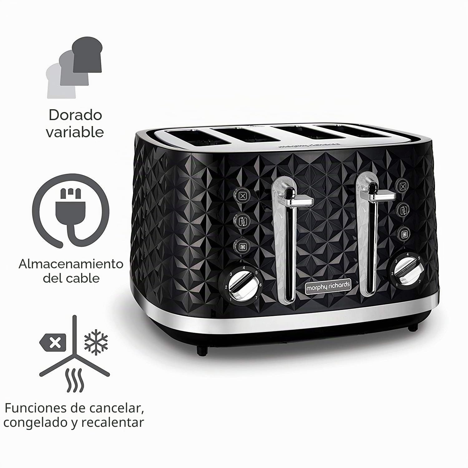 Morphy Richards 248131EER 4 ranuras, 7 niveles de tostado, descongelación, calentamiento, función de demolición, superficie tridimensional, acero inoxidable, 2,13 kilogramos, tostadora negra 4