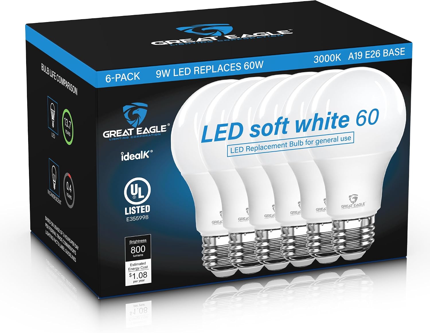 Great Eagle Lighting Corporation A19 LED Light Bulb, 60W Equivalent ...