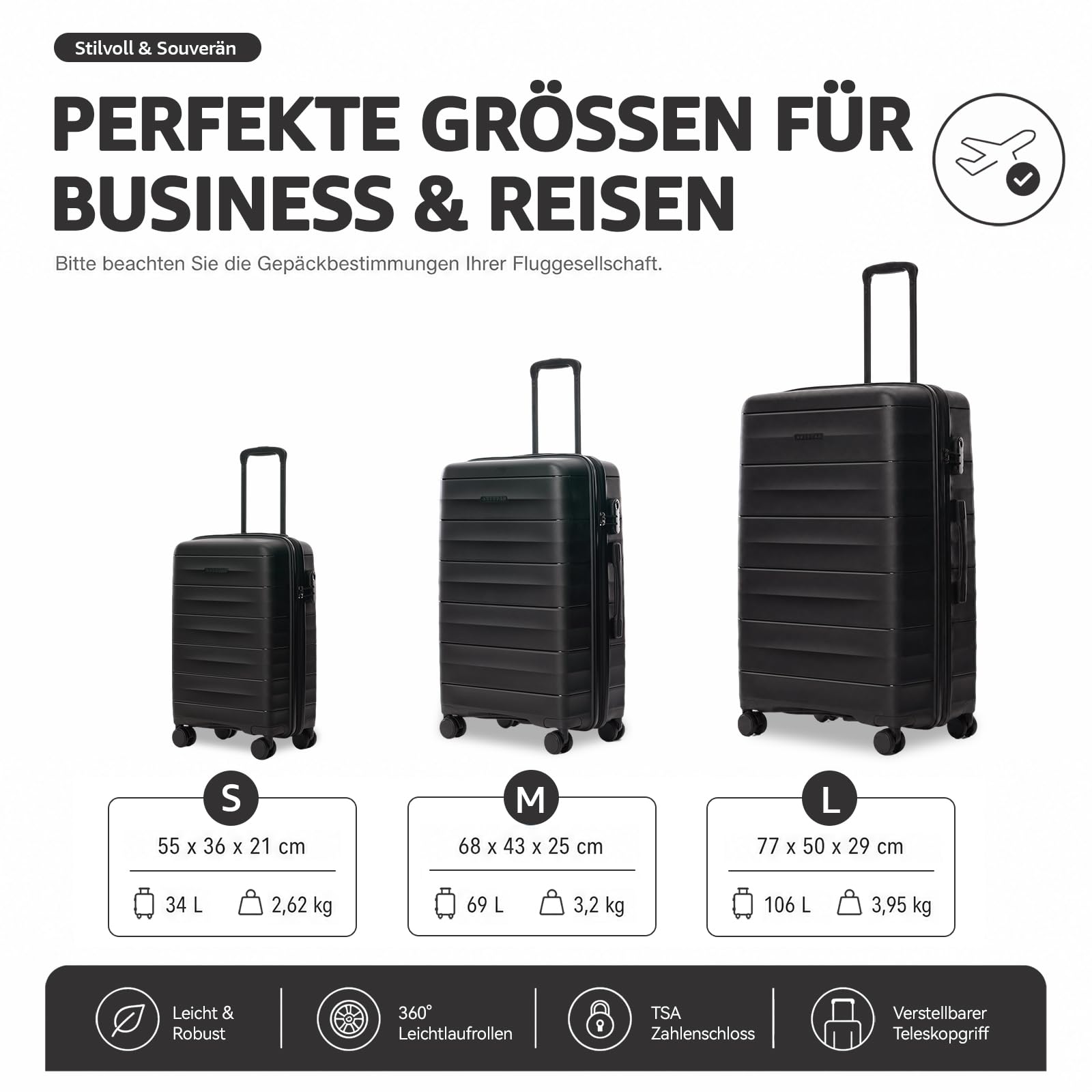 Mariner Leichter Handgepäck Koffer S 55 x 36 x 21 cm, Carbon Black | PP-Hartschale, hochwertig & robust, 360°-Doppelrollen, klare Innenaufteilung