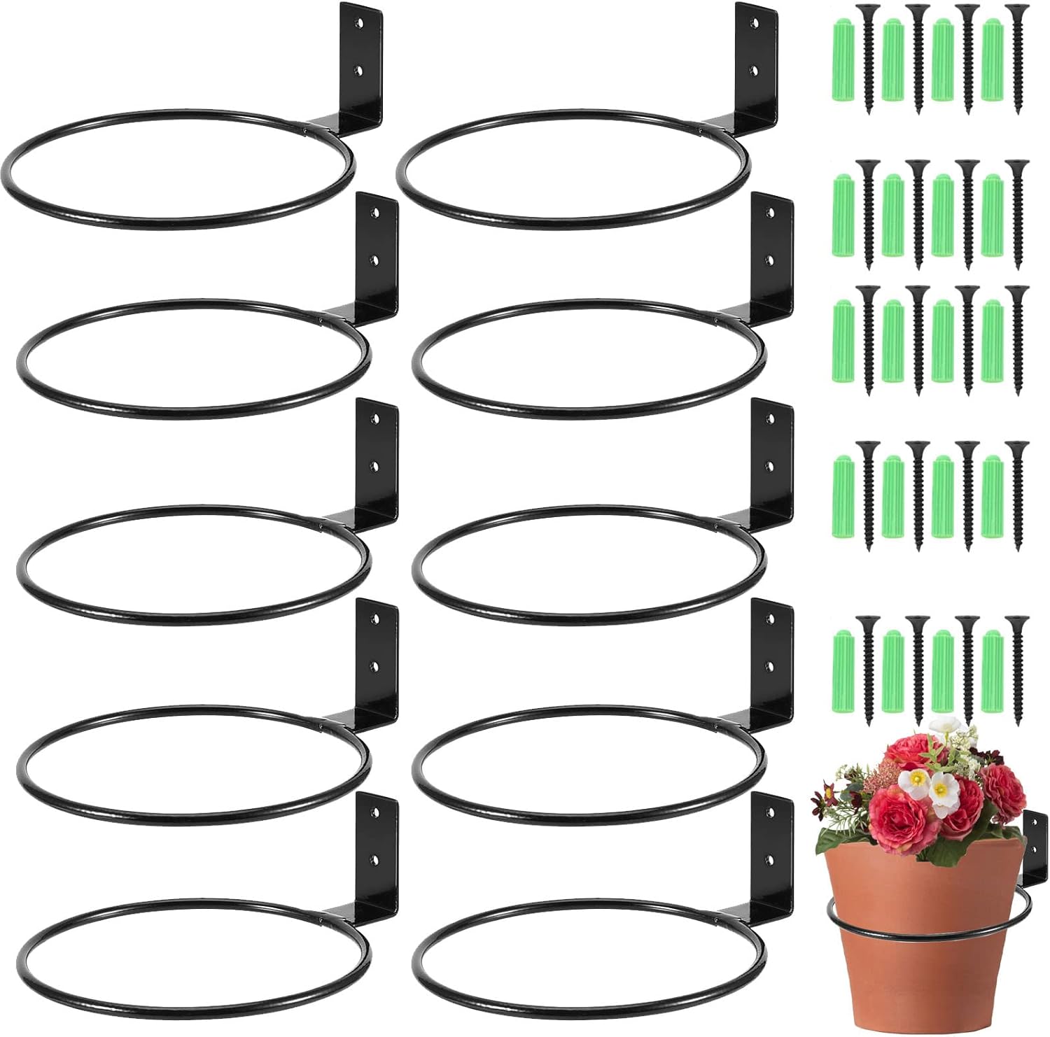 10 PCS 5 Inches Flower Pot Holder Ring, Wall Mounted Wall Plant Hanger, Collapsible Metal Wall Planter Holder for Indoor and Outdoor Plant Pots, Black