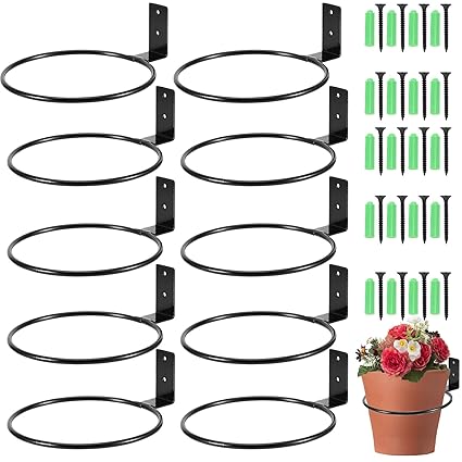 MAHIONG 10 PCS 5 Inches Flower Pot Holder Ring, Wall Mounted Wall Plant Hanger, Collapsible Metal Wall Planter Holder for Indoor and Outdoor Plant Pots, Black