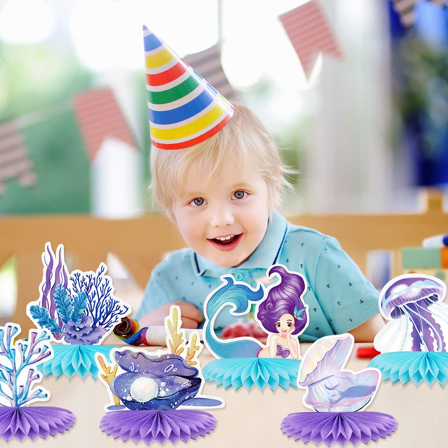 Kreatwow Mermaid Dive Into 5 Honeycomb Centerpieces - 8pc Under The Sea 5th Birthday Decorations - View #7