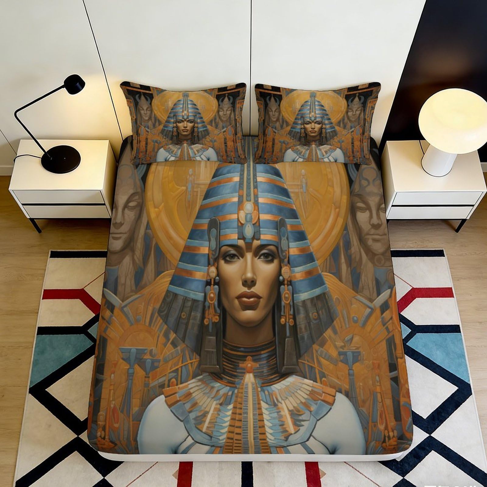 3D Printed Egyptian Pharaoh Fitted Sheet Microfiber Soft Orange Blue Ancient Temple Bed Cover for Bedroom Dorm Decor 90x200x25cm