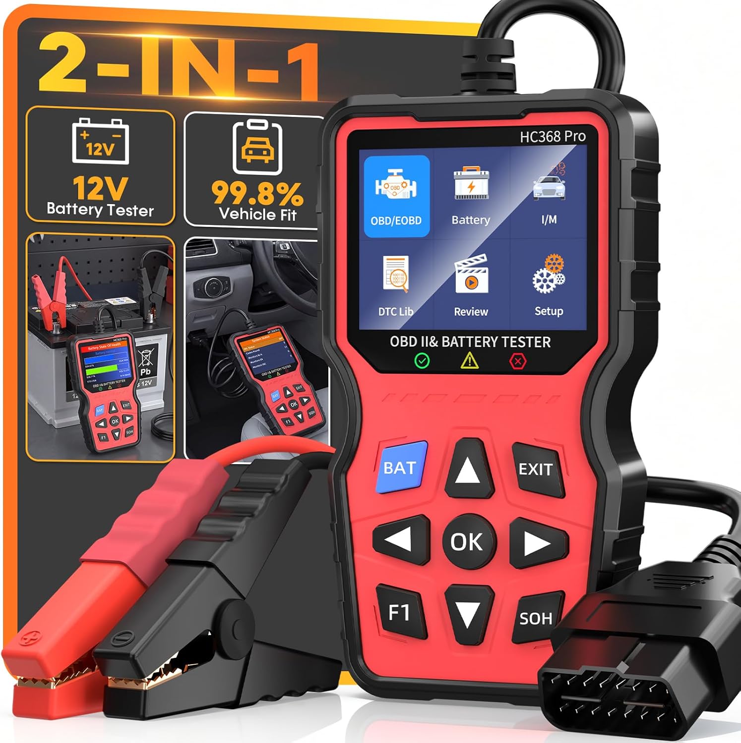 Yakry OBD2 Scanner with Battery Tester: 2-in-1 Design 1S Read & Clear Check Engine Codes for Auto Diagnostic - Fit 99.8% Vehicle Test Charging System & 12V Battery for 1996+ Cars 3 Min Quick Setup