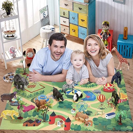 Safari Animals Figures with Activity Play Mat & Storage Box, Realistic Plastic Jumbo Playset, Jungle Wild Zoo Animals Toys for Kids Toddler 3-5, 22Pcs Birthday Gifts Christmas Stocking Stuffers