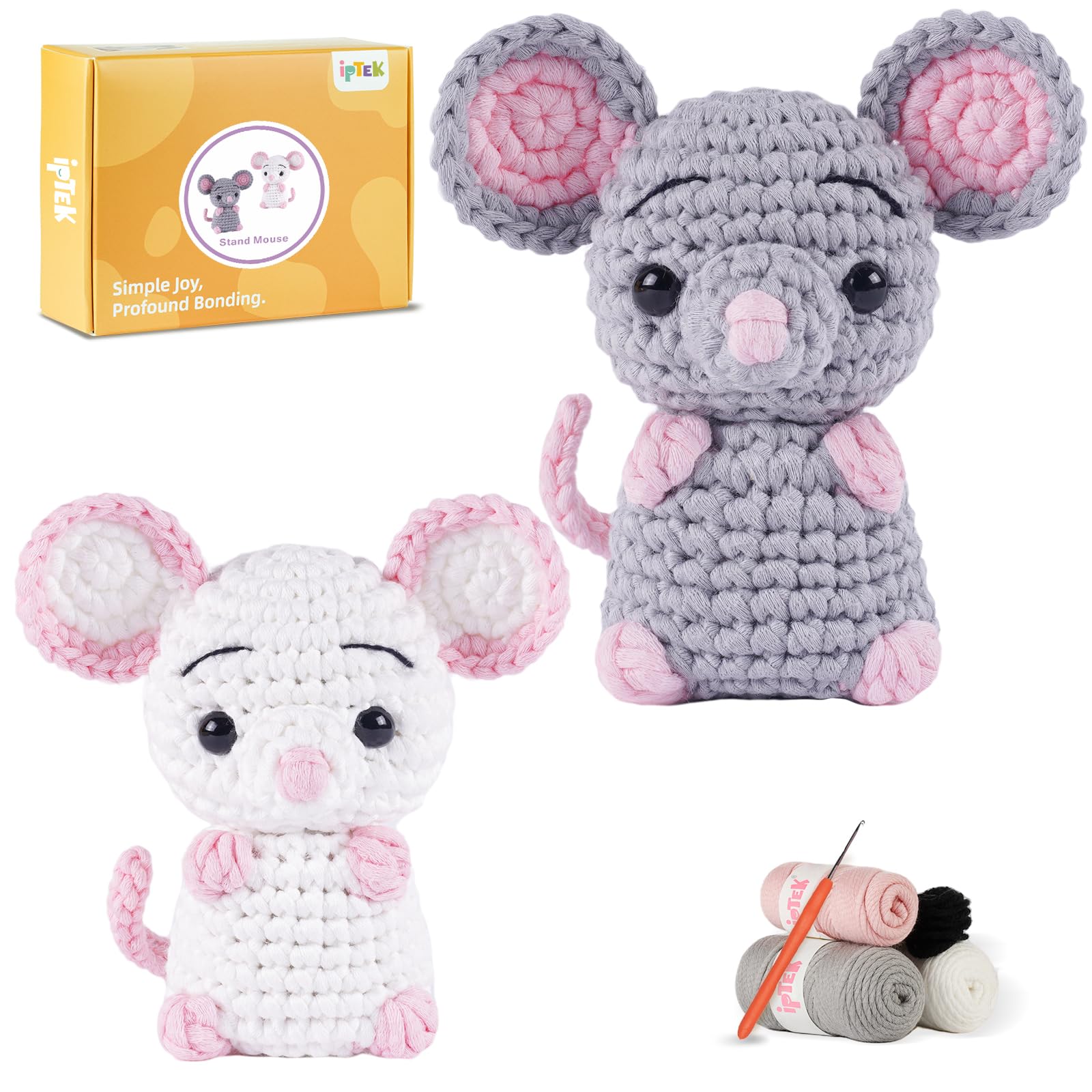 iptek Crochet Kit for Beginners, Crochet Animal Kits,Crocheting Kit for Starters with Step-by-Step Video Tutorials, Beginner Crochet Kits for Adults(2 Pack mice)