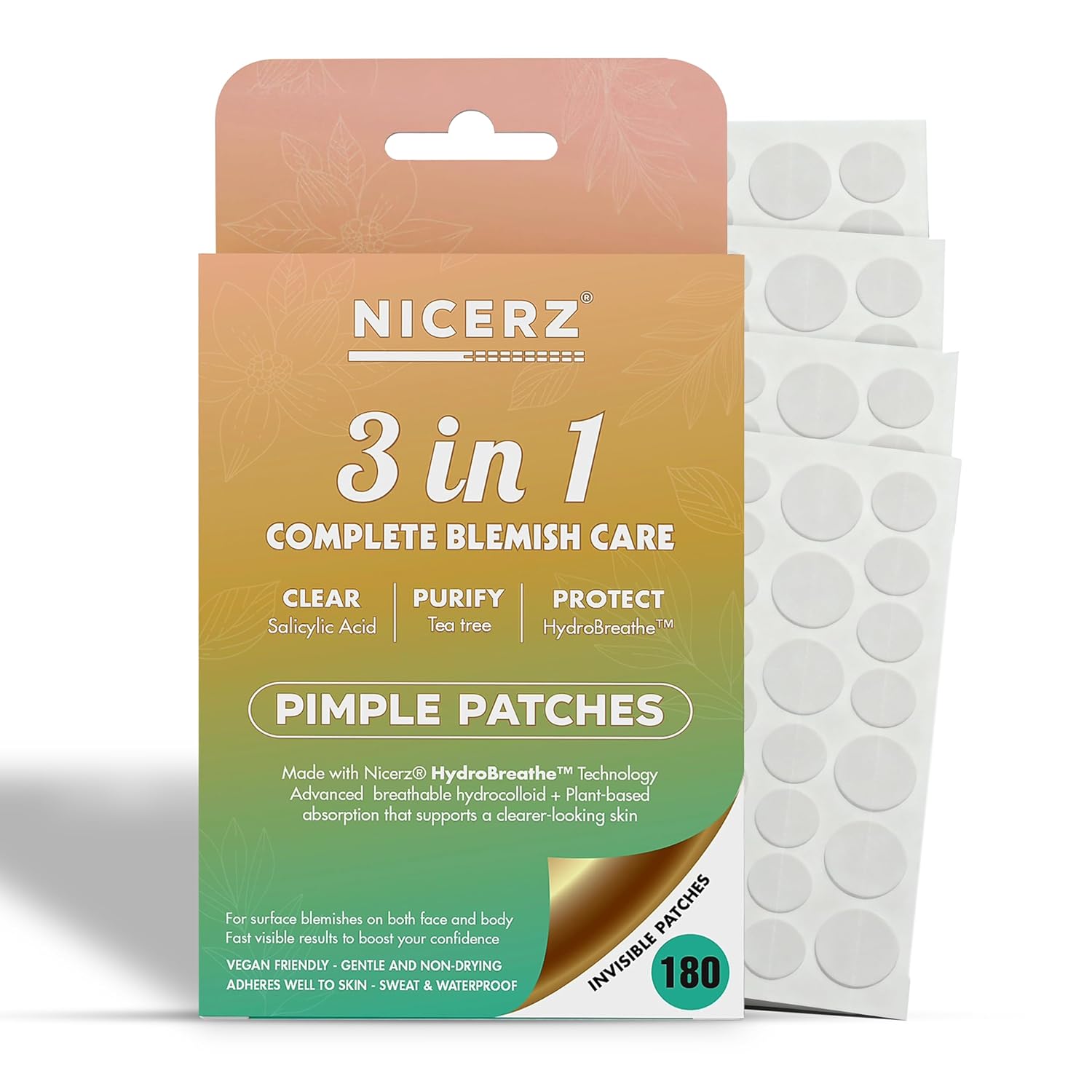 Nicerz Pimple Patches 3-in-1 Complete Blemish Care HydroBreathe Breathable Hydrocolloid with Salicylic Acid Tea Tree Gentle Sweat Waterproof