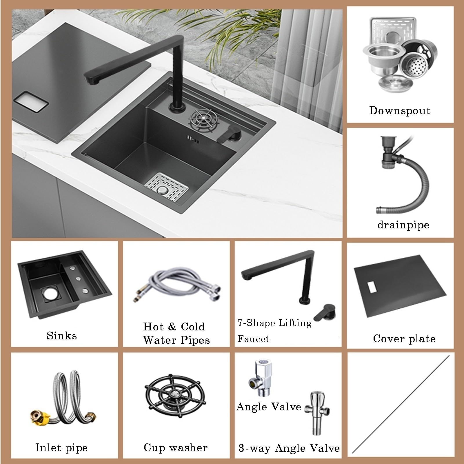 Lavello da Cucina salvaspazio Nero a Vasca Singola con Coperchio, sifone Integrato in Acciaio Inox per Camper e Rubinetto Multifunzione per Piccoli spazi.